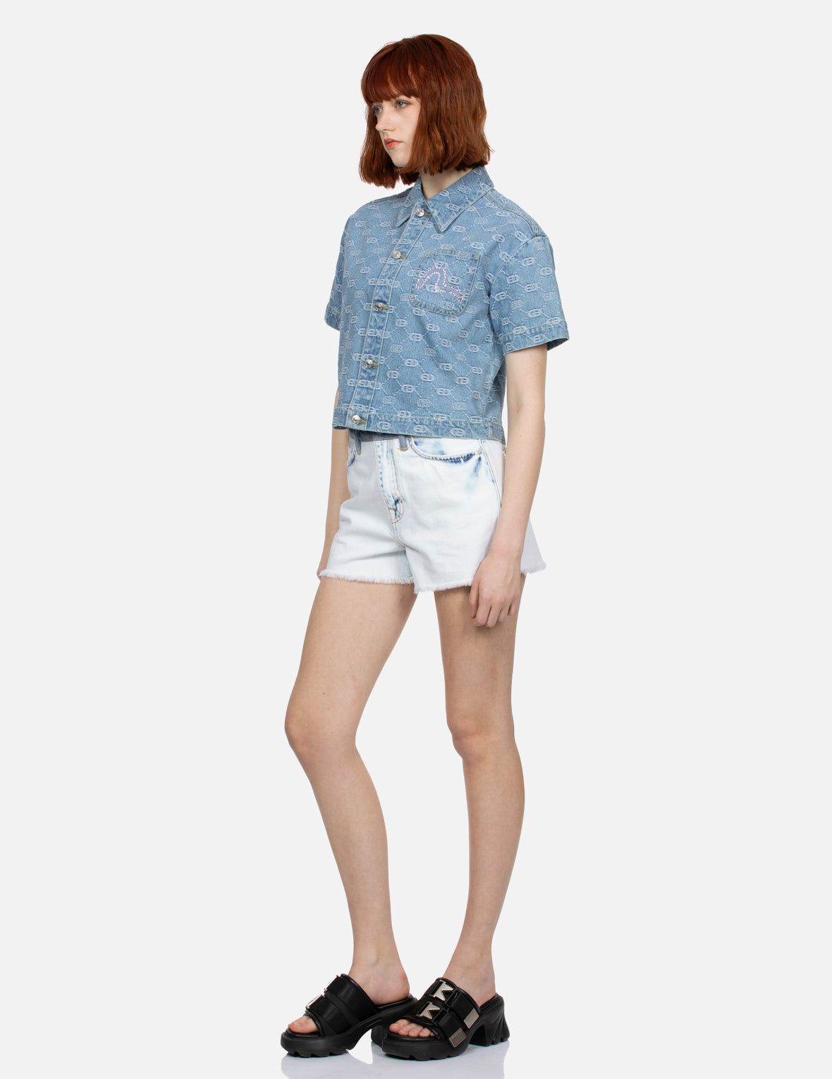 Allover Logo Jacquard and Rhinestone Seagull Fashion Fit Denim Shirt