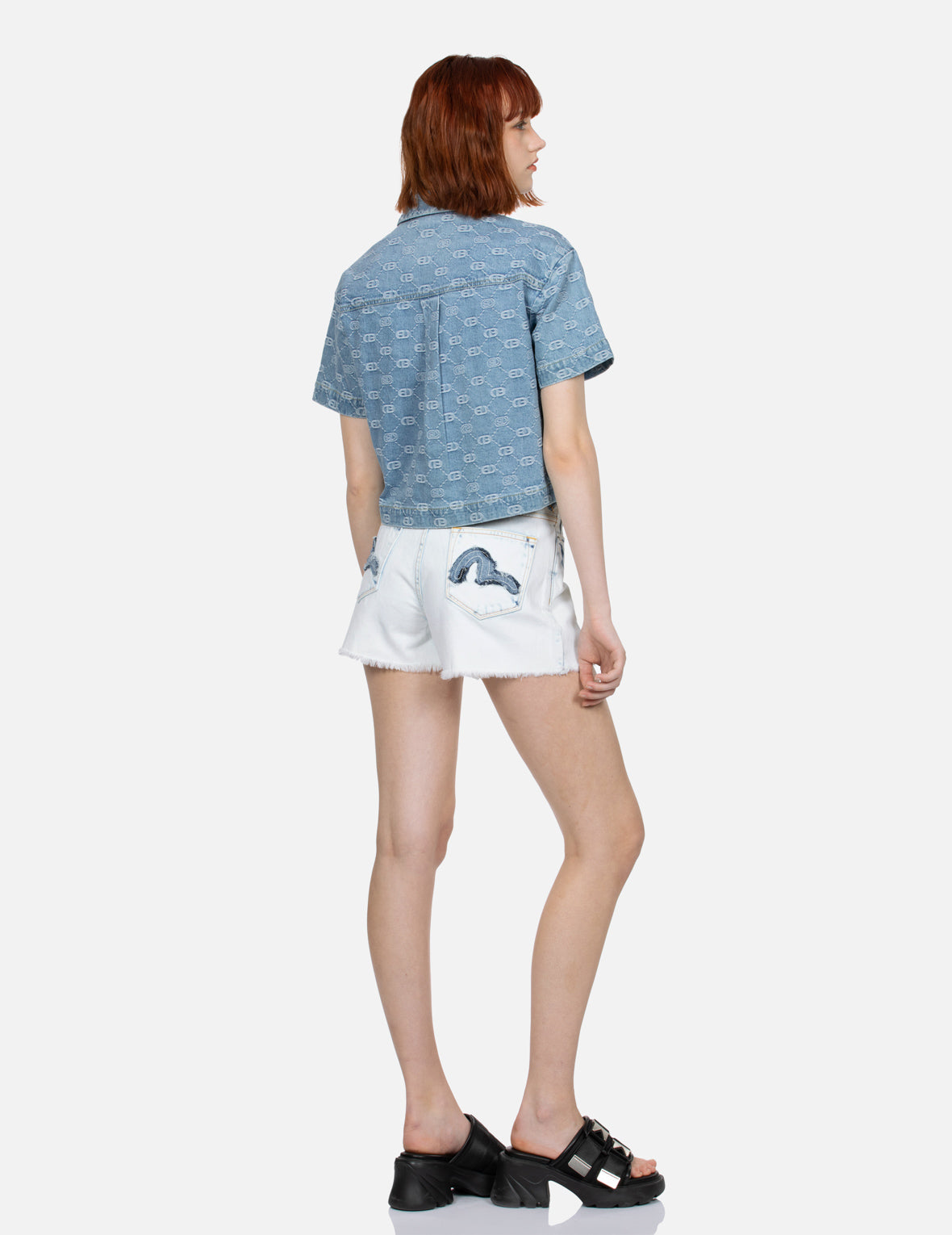 Allover Logo Jacquard and Rhinestone Seagull Fashion Fit Denim Shirt