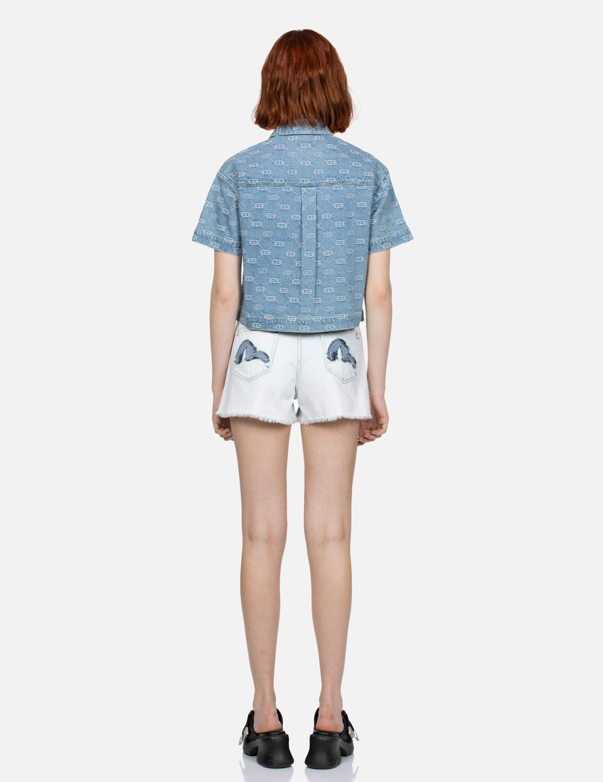 Allover Logo Jacquard and Rhinestone Seagull Fashion Fit Denim Shirt
