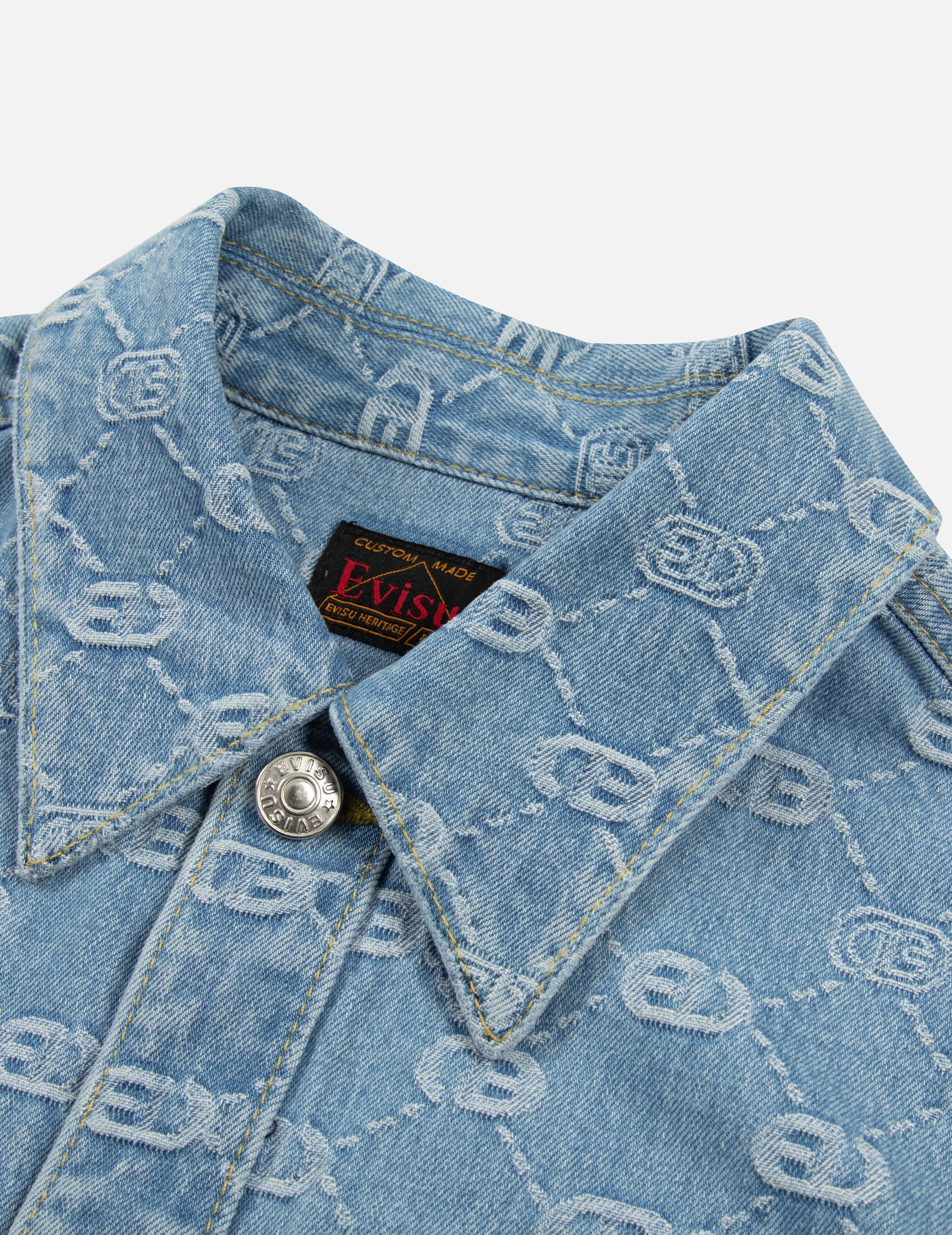 Allover Logo Jacquard and Rhinestone Seagull Fashion Fit Denim Shirt