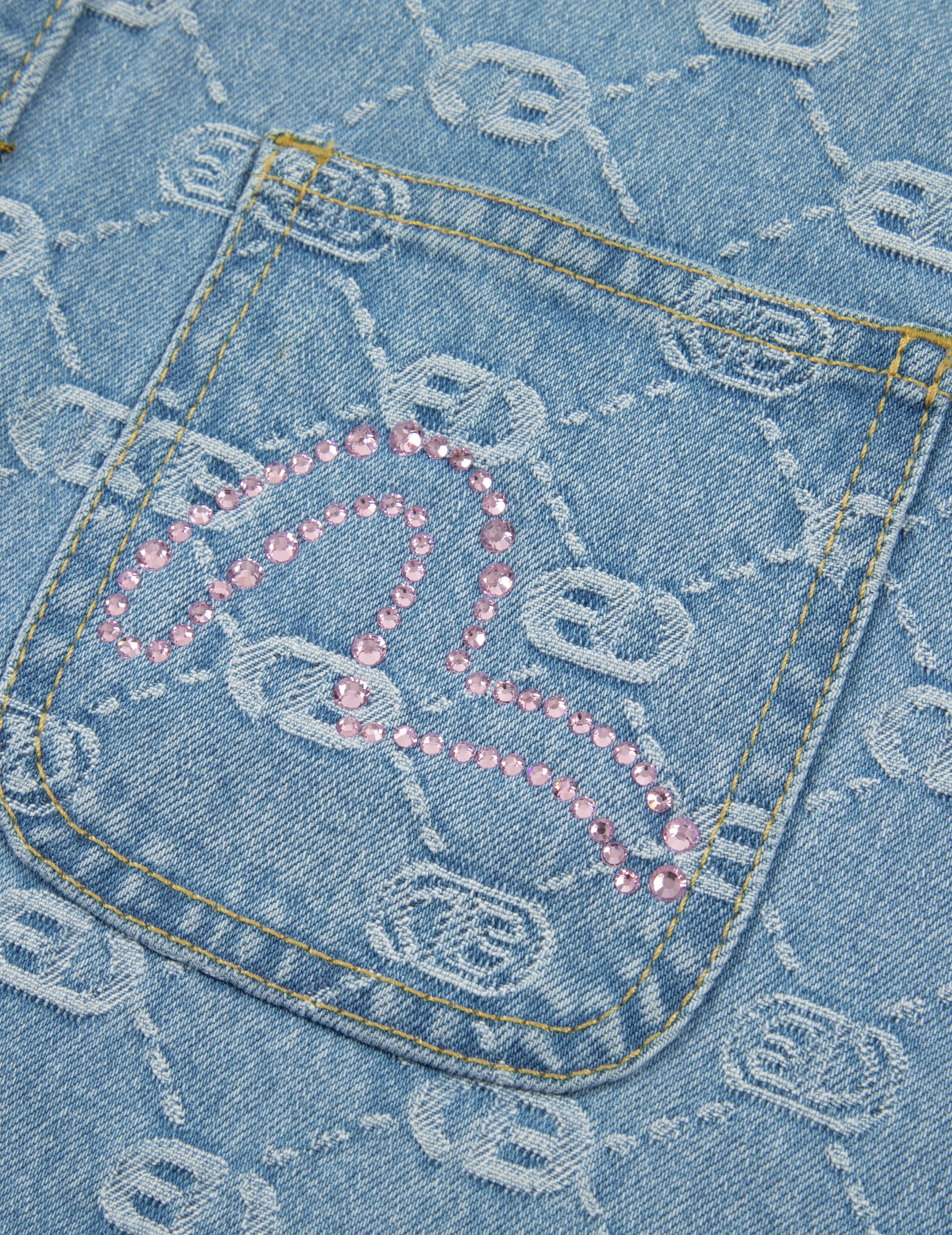Allover Logo Jacquard and Rhinestone Seagull Fashion Fit Denim Shirt