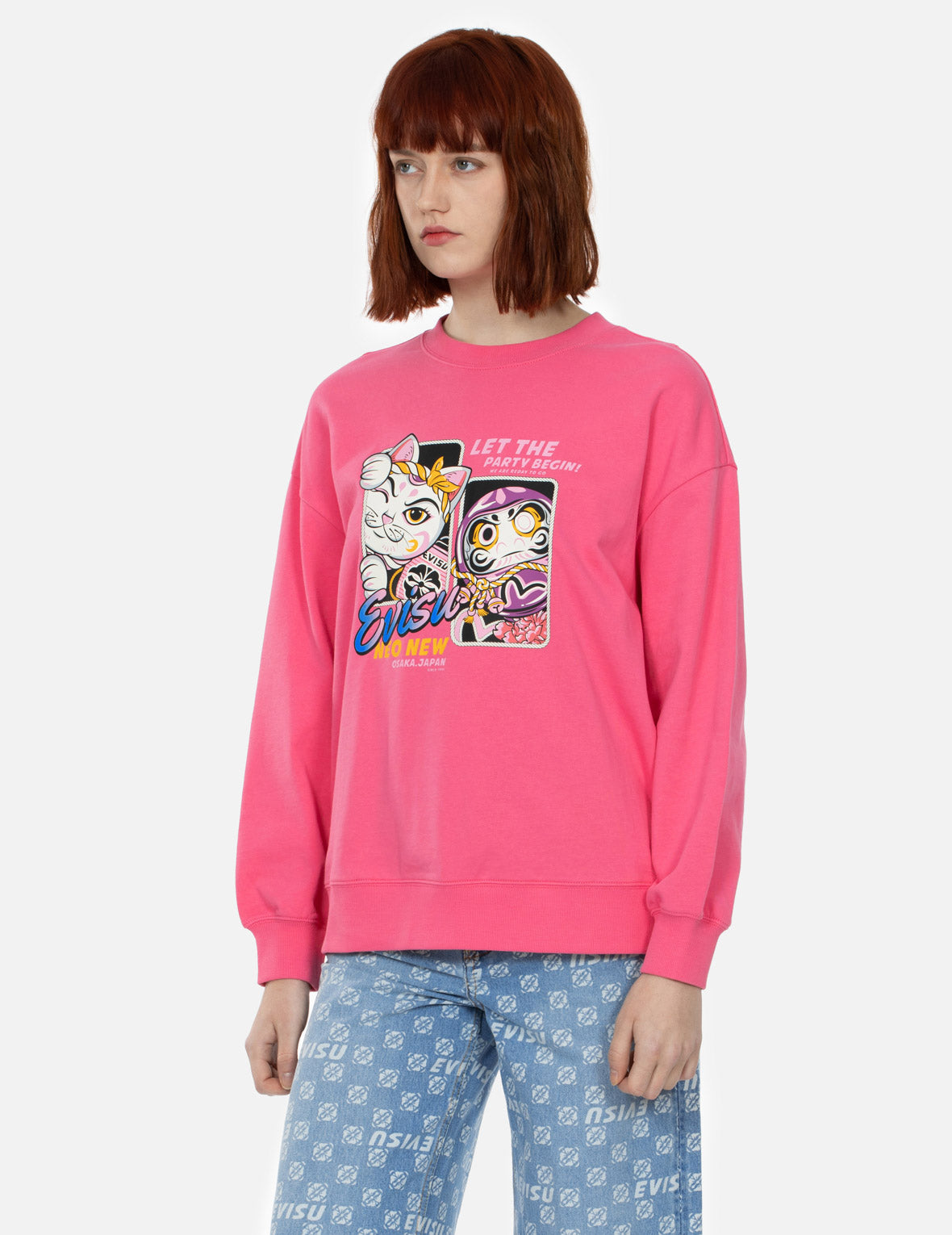 Fortune Cat and Daruma Print Oversized Sweatshirt