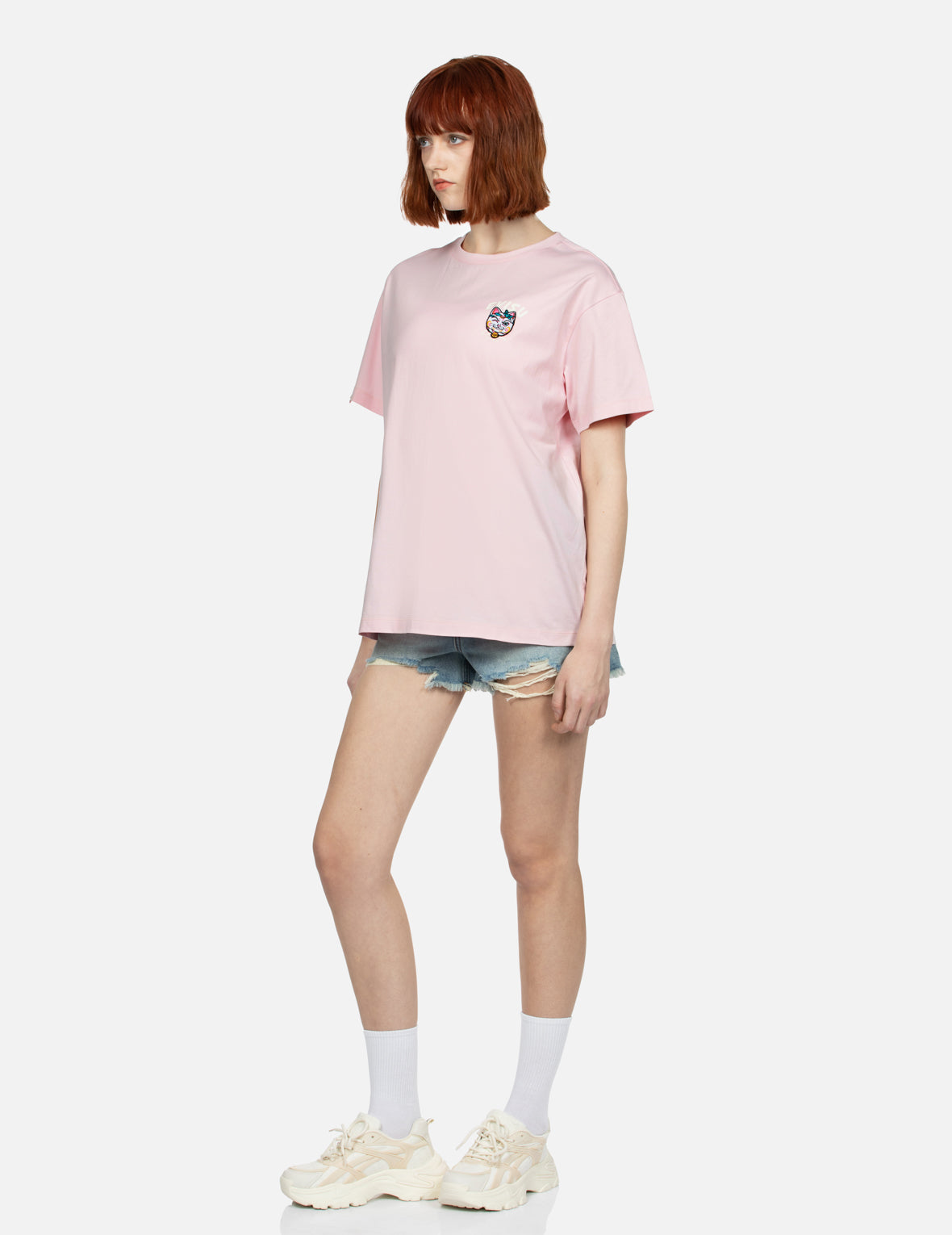 Logo Print and Fortune Cat Embroidery Badge Boyfriend T-shirt