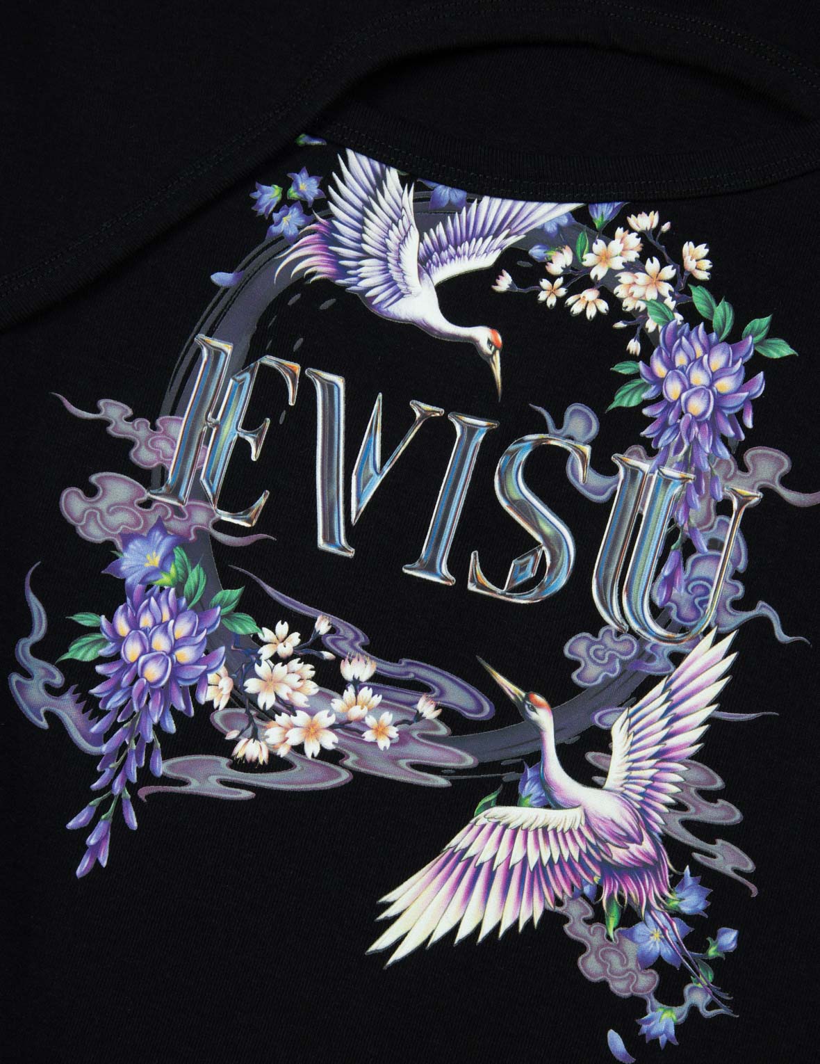 Cranes and Wisteria Print Fashion Fit Cut-out T-Shirt
