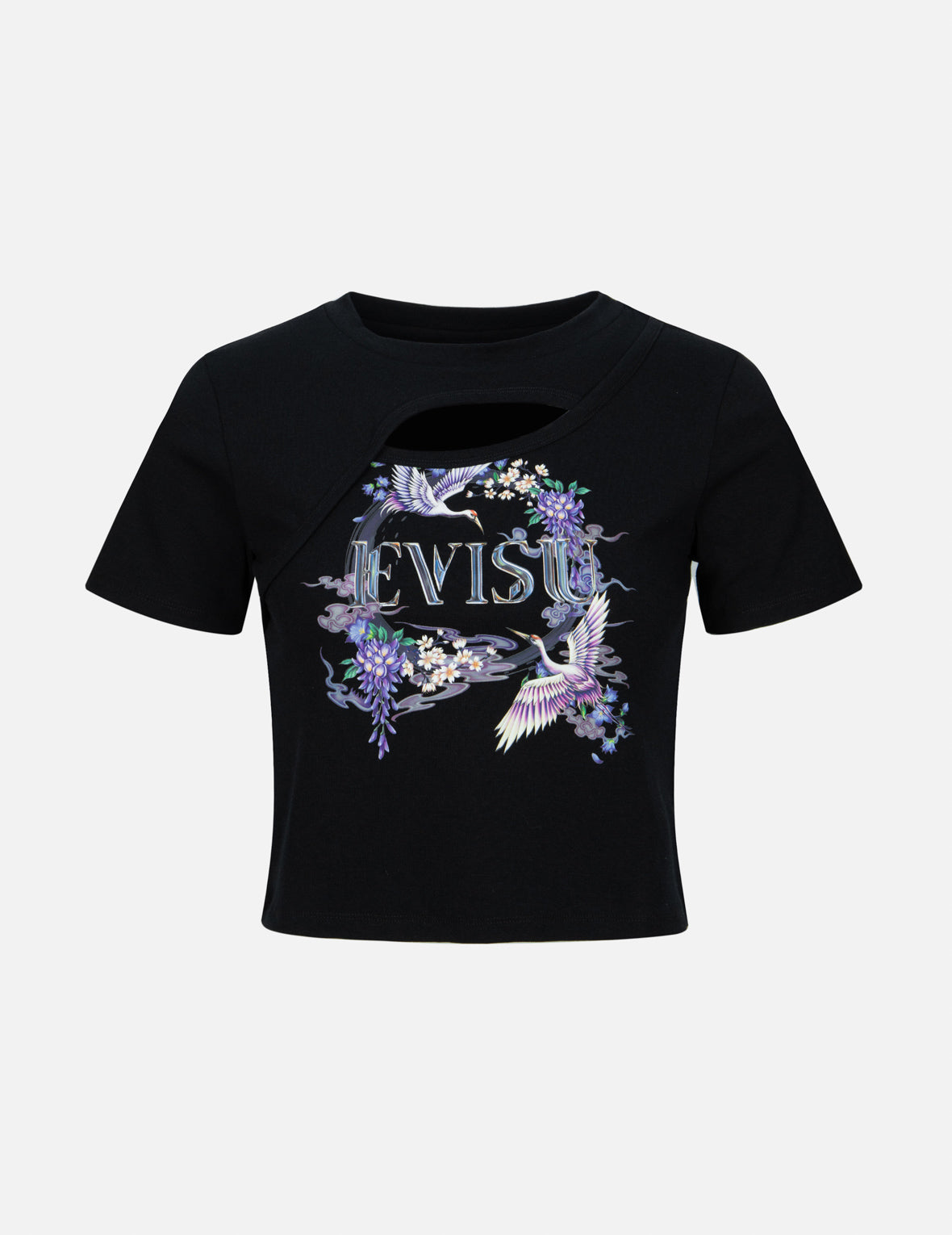 Cranes and Wisteria Print Fashion Fit Cut-out T-Shirt