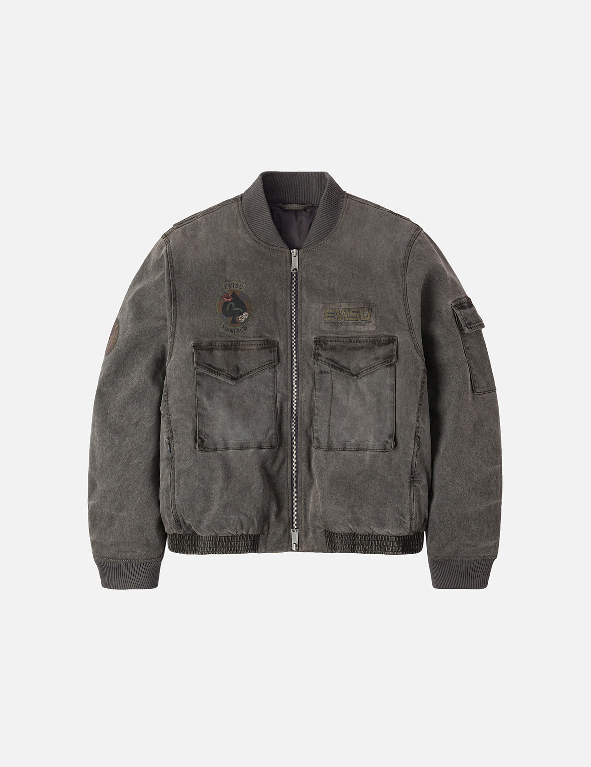 Heavy Washed Multi Logo Badges Print Regular Fit Padded Bomber Jacket