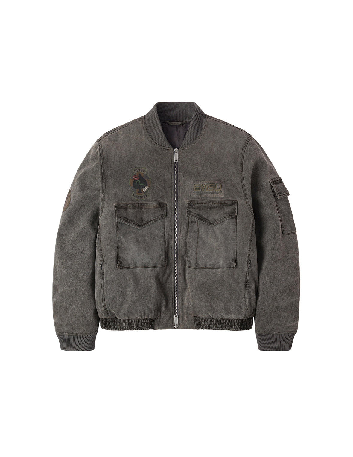 Heavy Washed Multi Logo Badges Print Regular Fit Padded Bomber Jacket