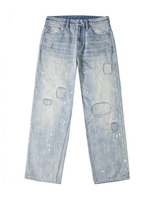 Washed Patchwork and Seagull Print Loose Fit Denim Jeans