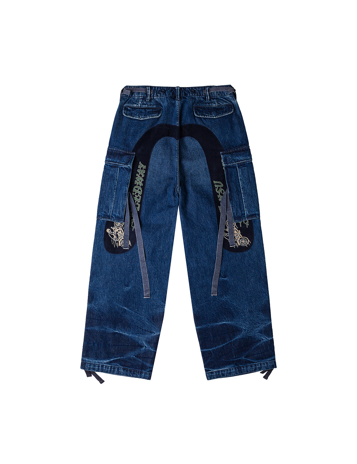 洗水大M刺繡闊腿工裝牛仔褲