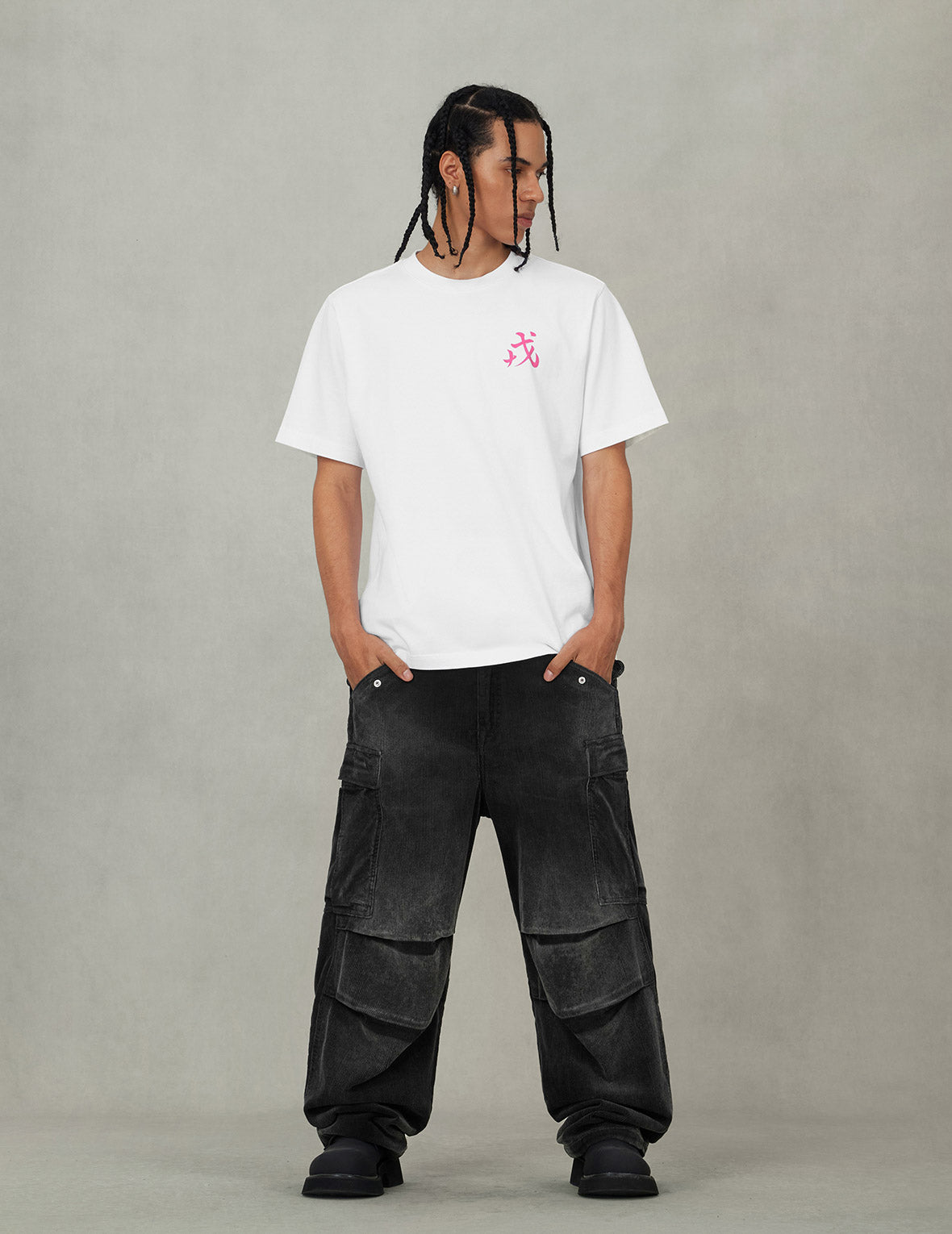 Washed Daicock Embroidery Wide-leg Corduroy Cargo Pants