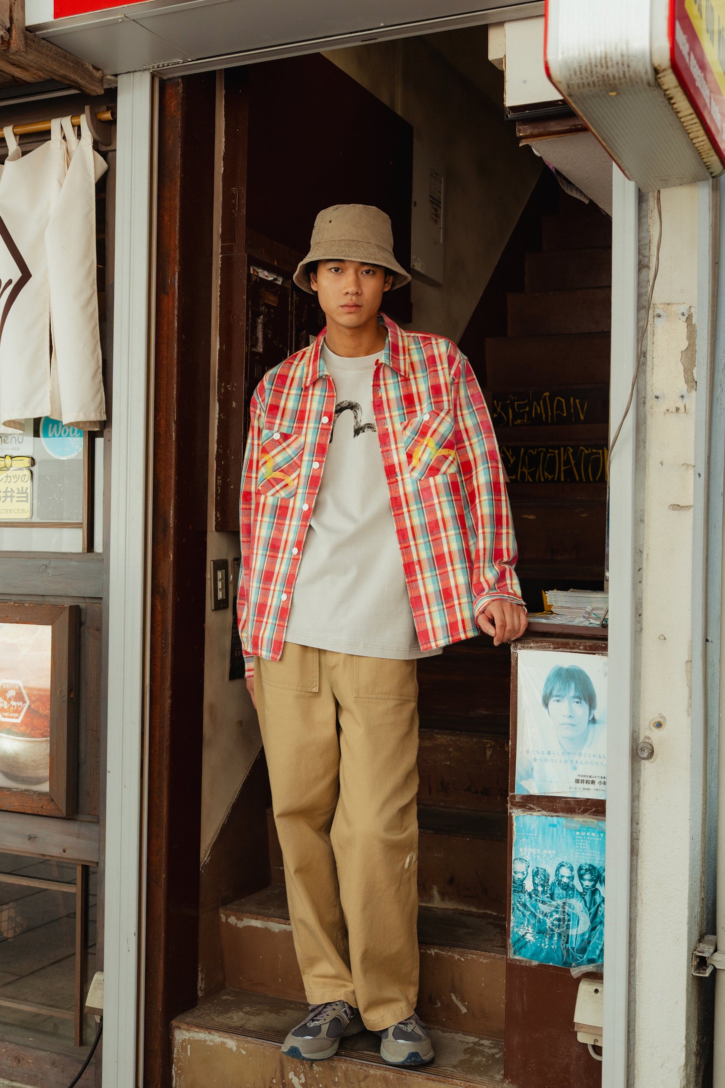 Seagull Print Relax Fit Plaid Flannel Shirt
