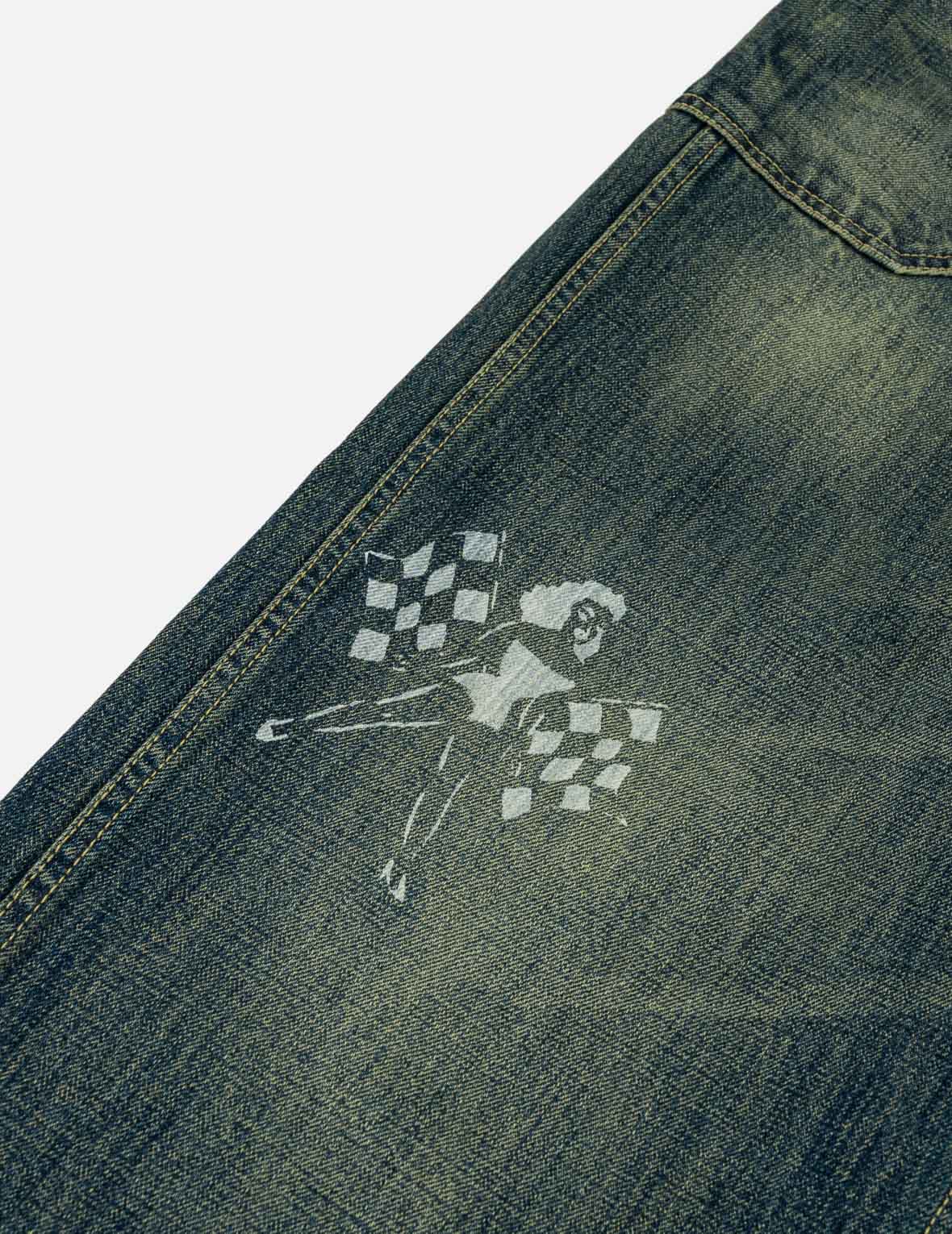 暗綠色水洗圖案寬鬆牛仔褲