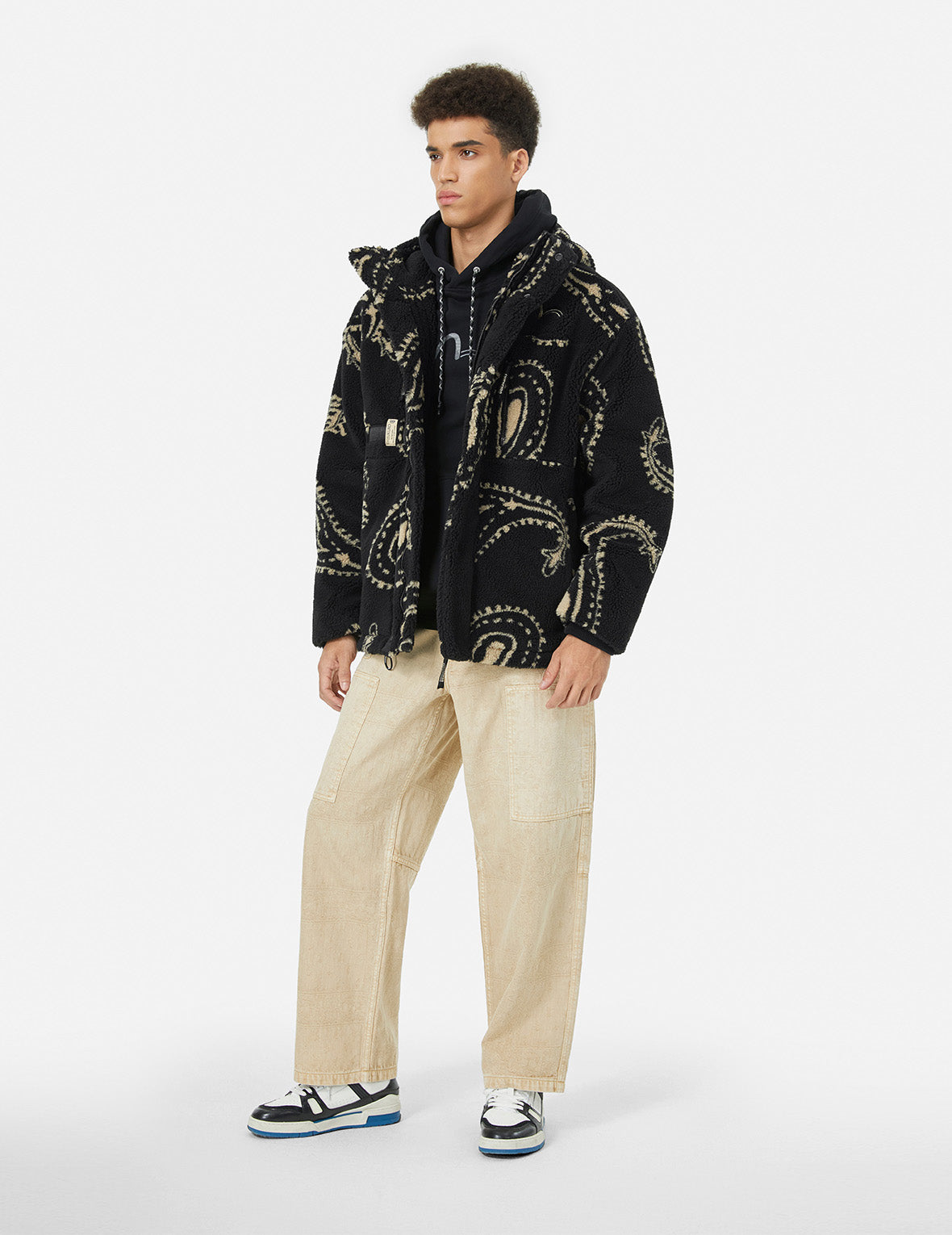 滿地腰果花寬版休閒搖粒絨連帽夾棉外套