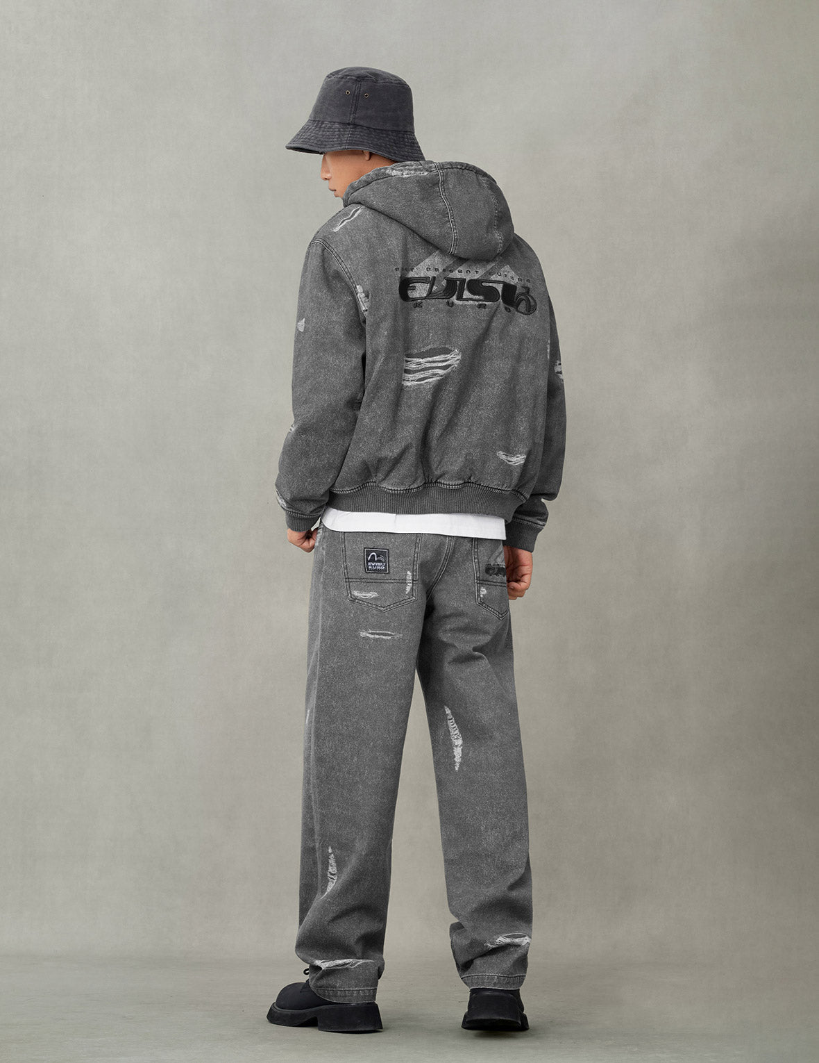 Distressed Print with Logo Embroidery Loose Fit Padded Boomer Jacket