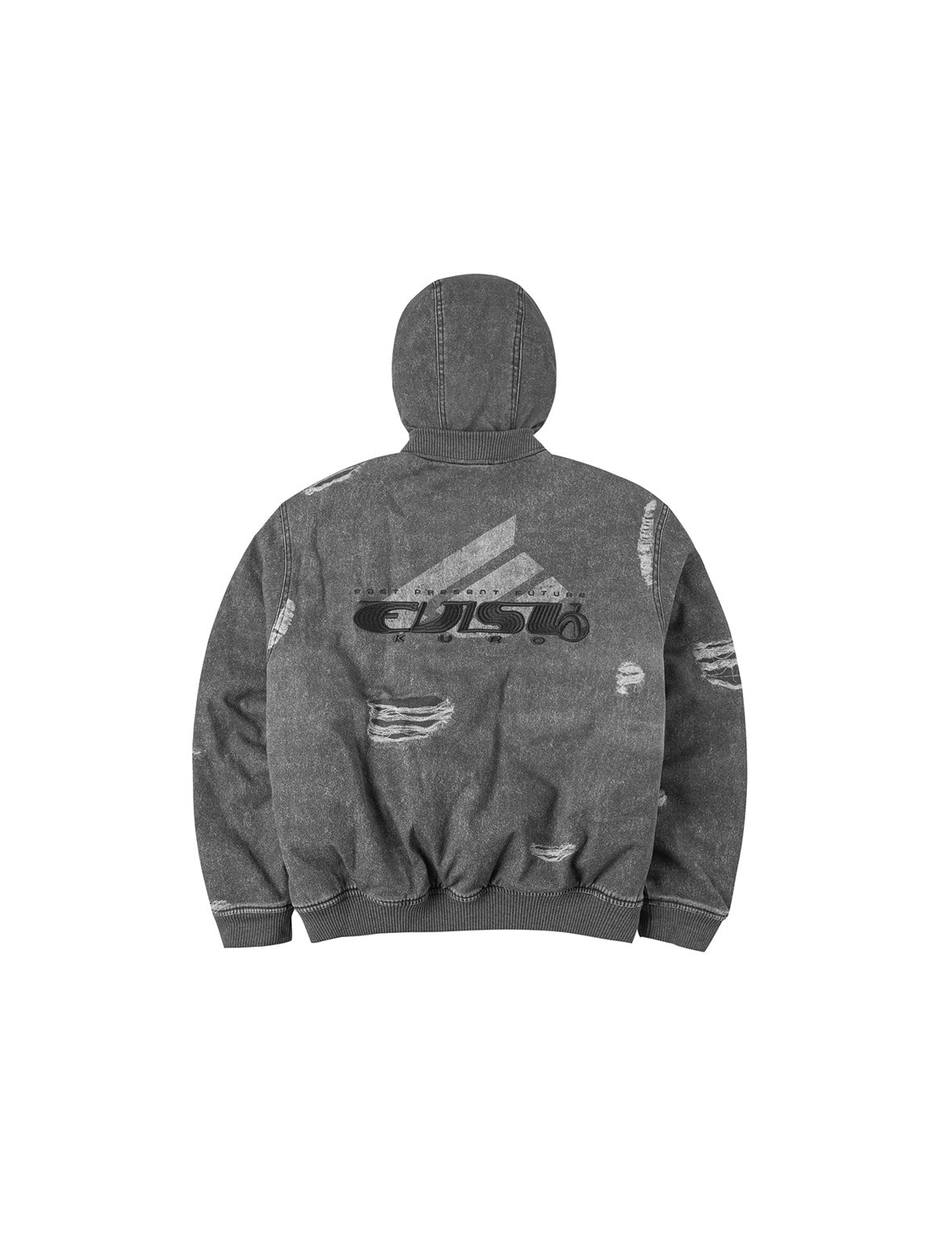 Distressed Print with Logo Embroidery Loose Fit Padded Boomer Jacket