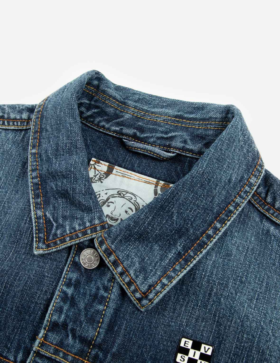 Inari Mask Print Loose Fit Denim Jacket with Metal Pins
