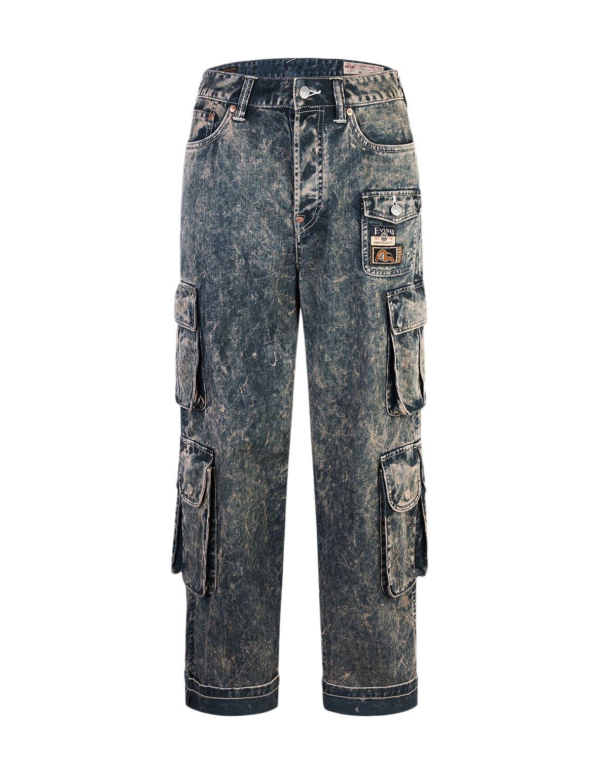 Seagull Print and Multi-Pockets Acid Wash Baggy Cargo Jeans