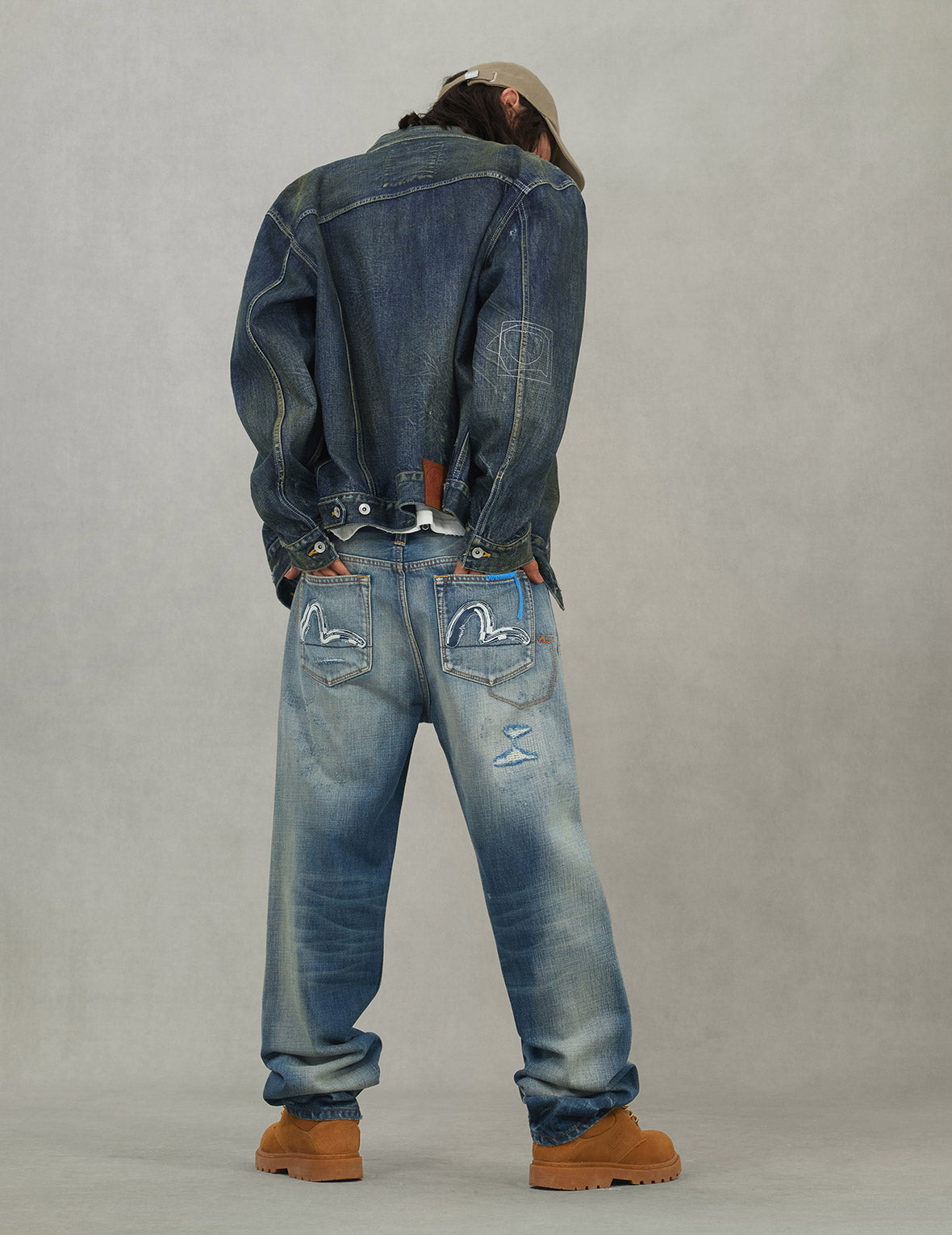 Washed Seagull Embroidery Relax Fit Denim Jacket