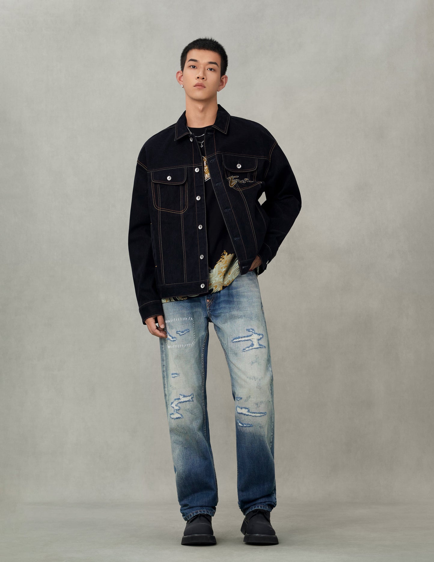 Brushstroke Daicock Print with Logo Embroidery Loose Fit Denim Jacket