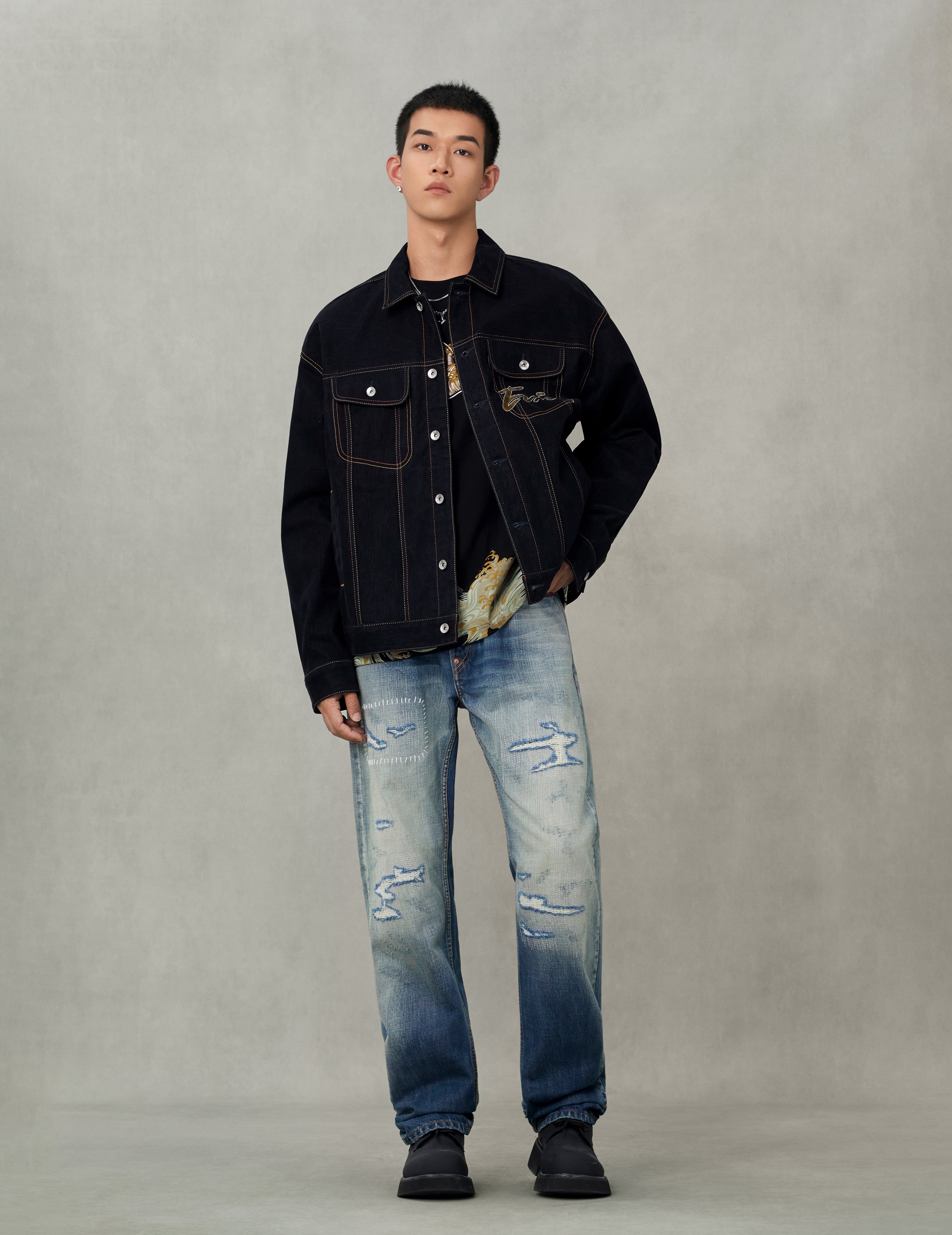 Brushstroke Daicock Print with Logo Embroidery Loose Fit Denim Jacket
