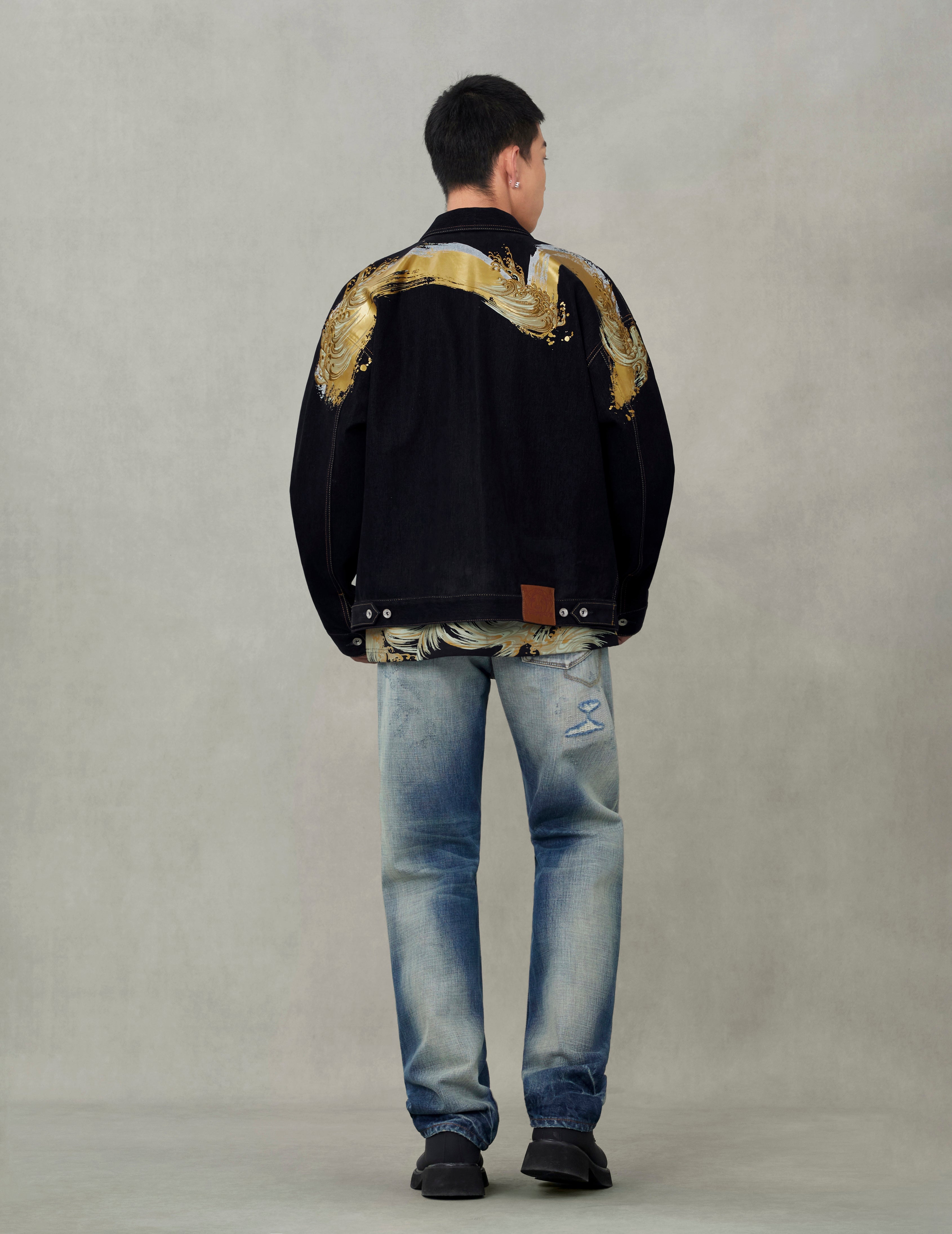 Brushstroke Daicock Print with Logo Embroidery Loose Fit Denim Jacket