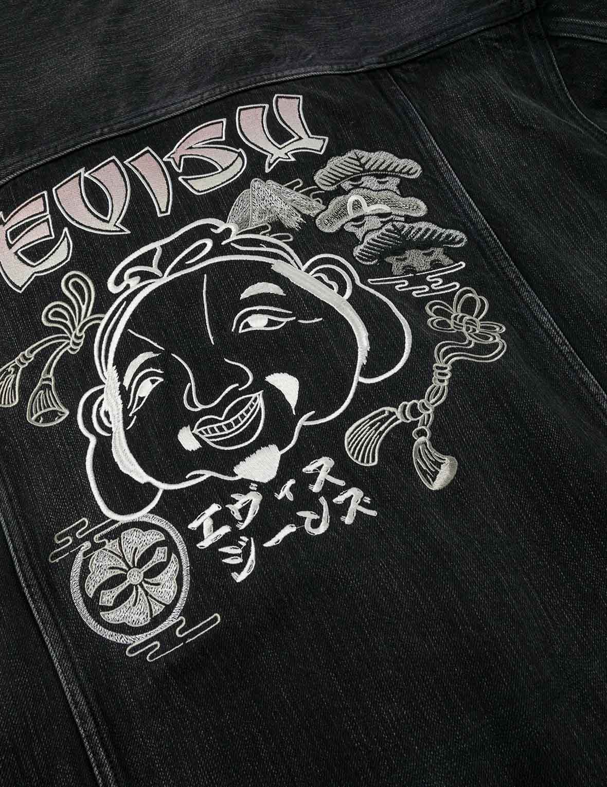 佛頭商標刺繡超寬版中國風水洗牛仔外套
