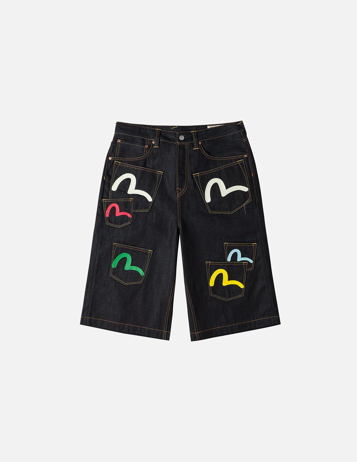 海鷗印花與多口袋時尚版型牛仔短褲