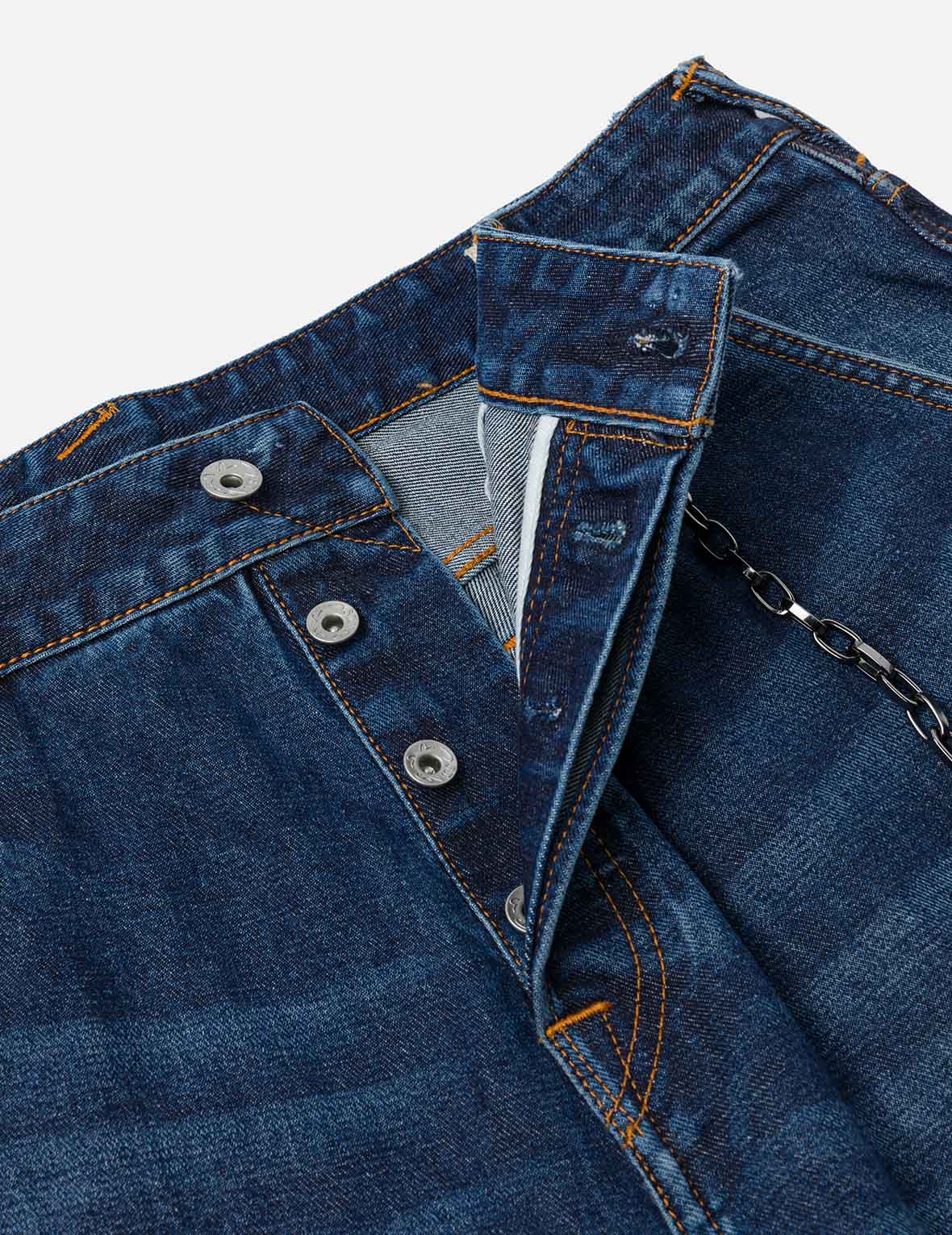 多口袋和海鷗仙鶴印花寬版洗水牛仔束腳褲