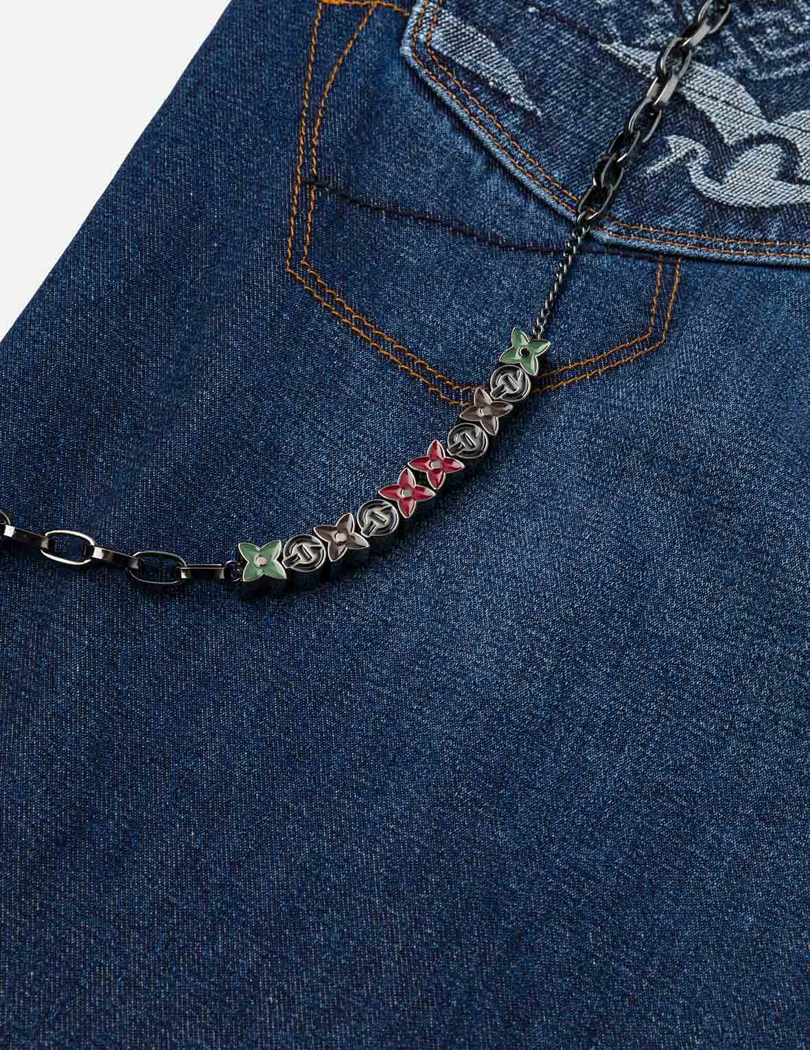 多口袋和海鷗仙鶴印花寬版洗水牛仔束腳褲