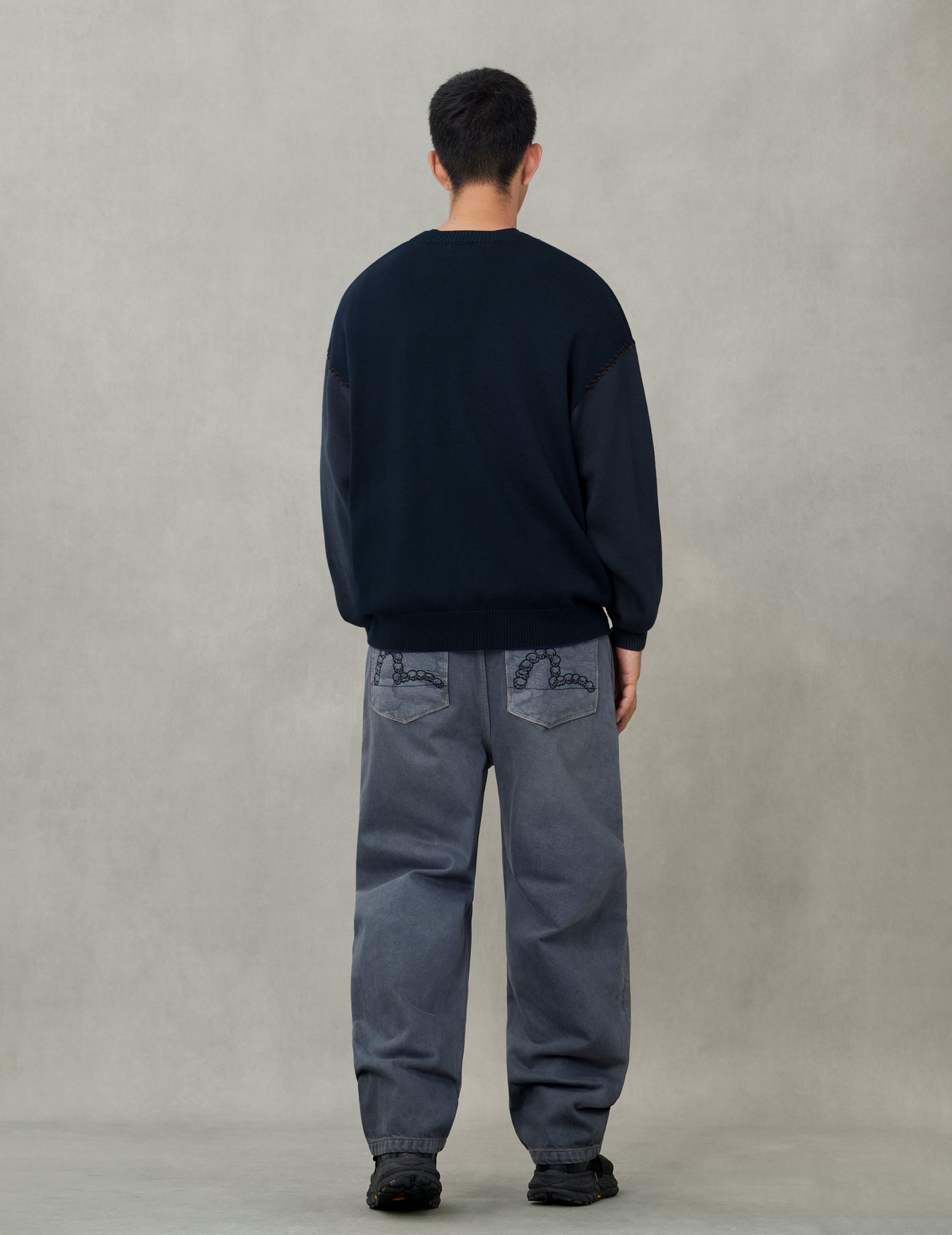 Skull and Seagull Jacquard Oversized Color-Blocking Knit Sweater