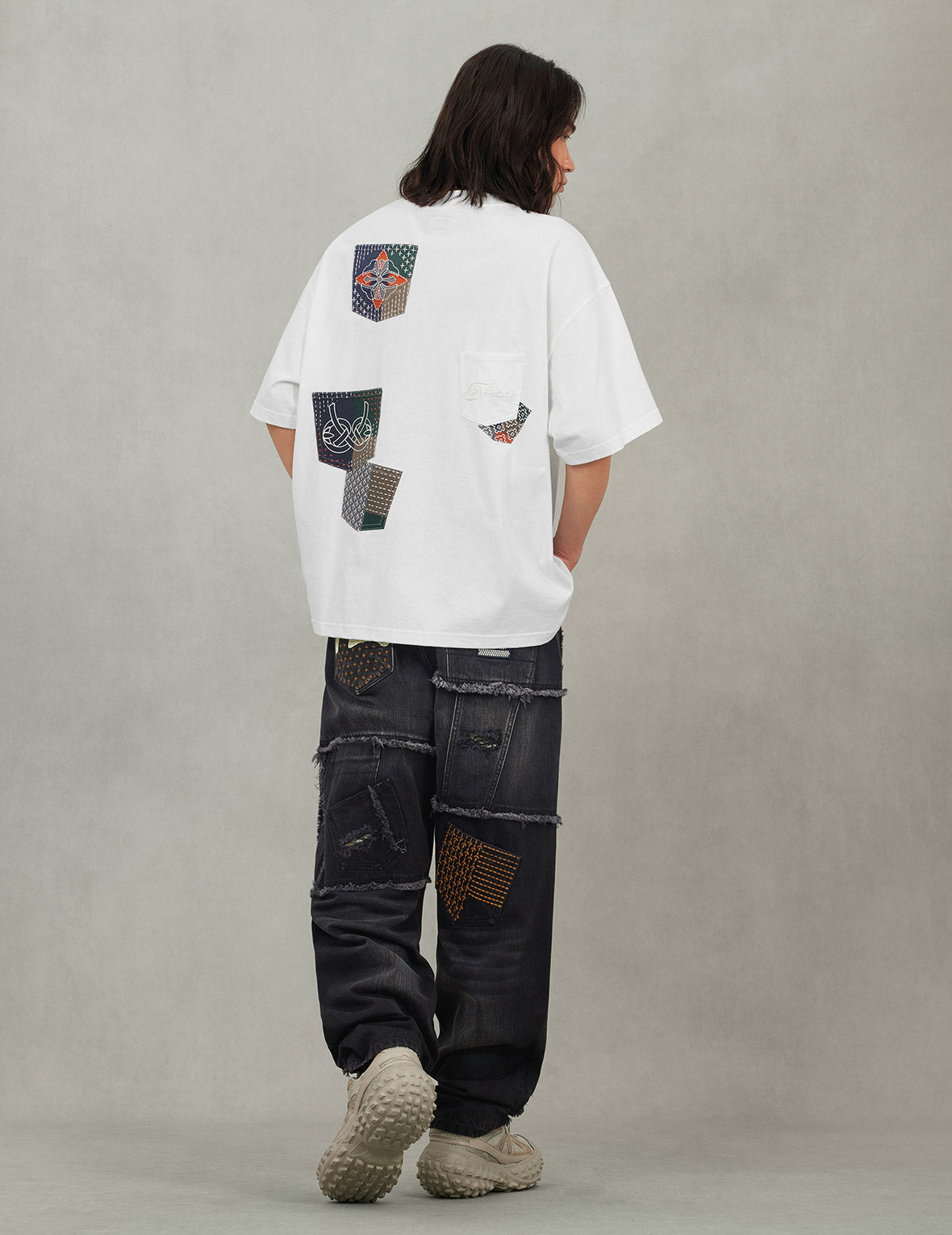 Multi-pocket Color Blocking Sashiko Loose Fit T-shirt