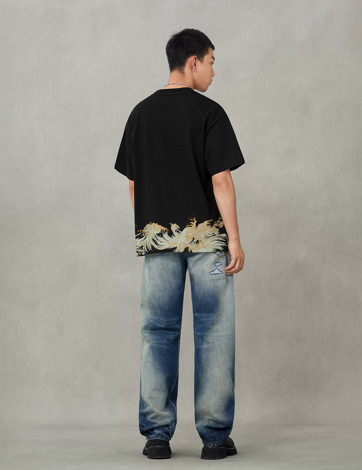 海浪與海鷗印花寬版休閒T恤