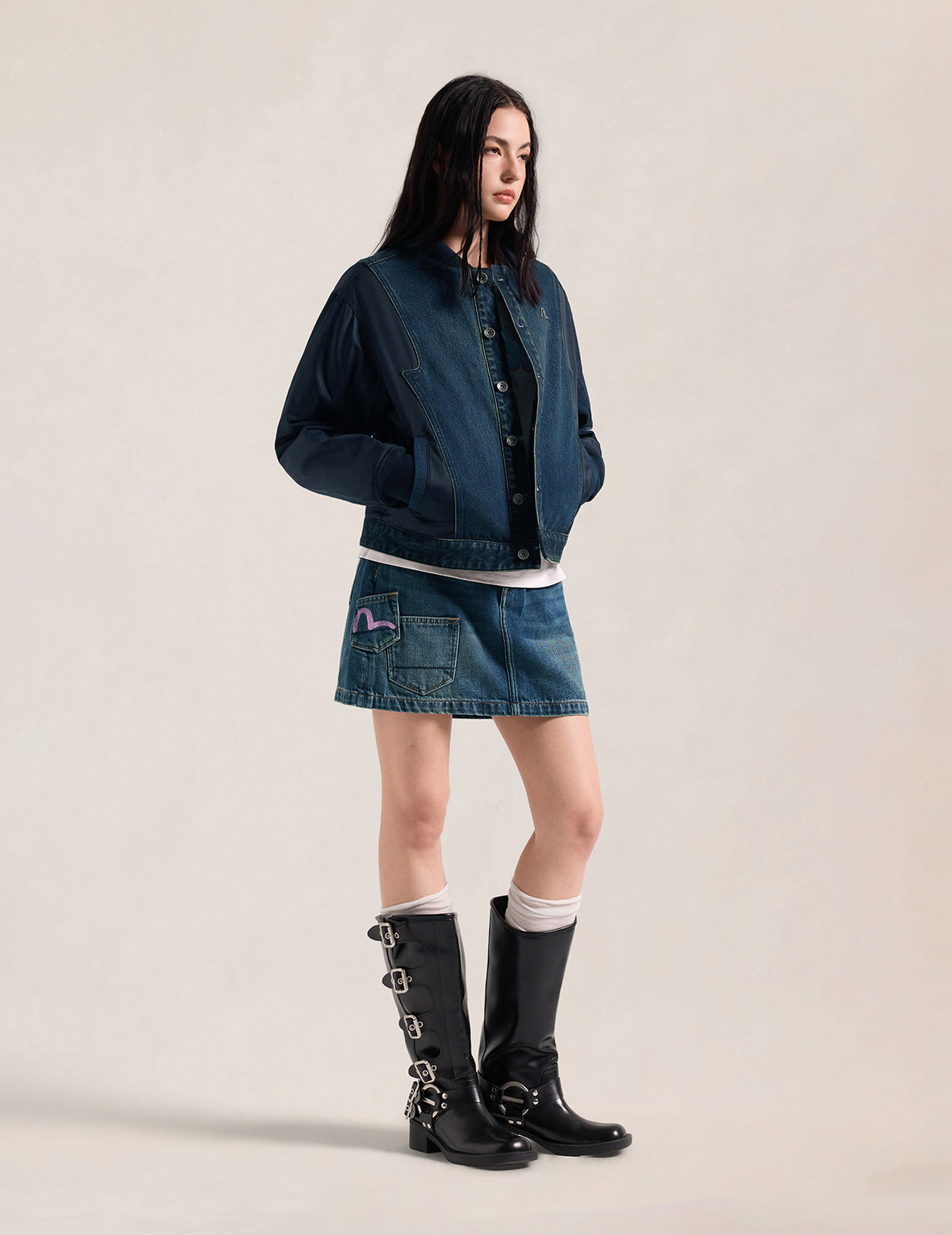 Deconstructed Quilted Mixed Fabric Bomber Jacket