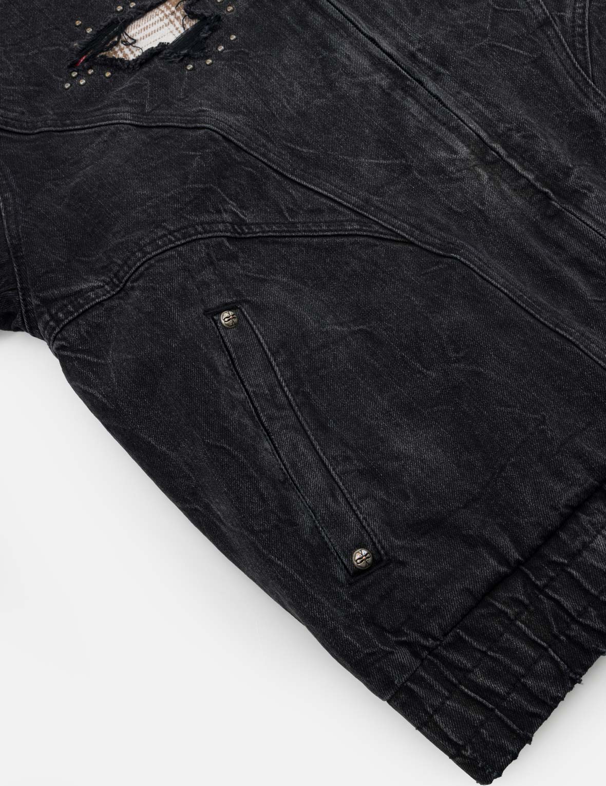 Distressed Plaid Patch Hooded Padding Denim Jacket