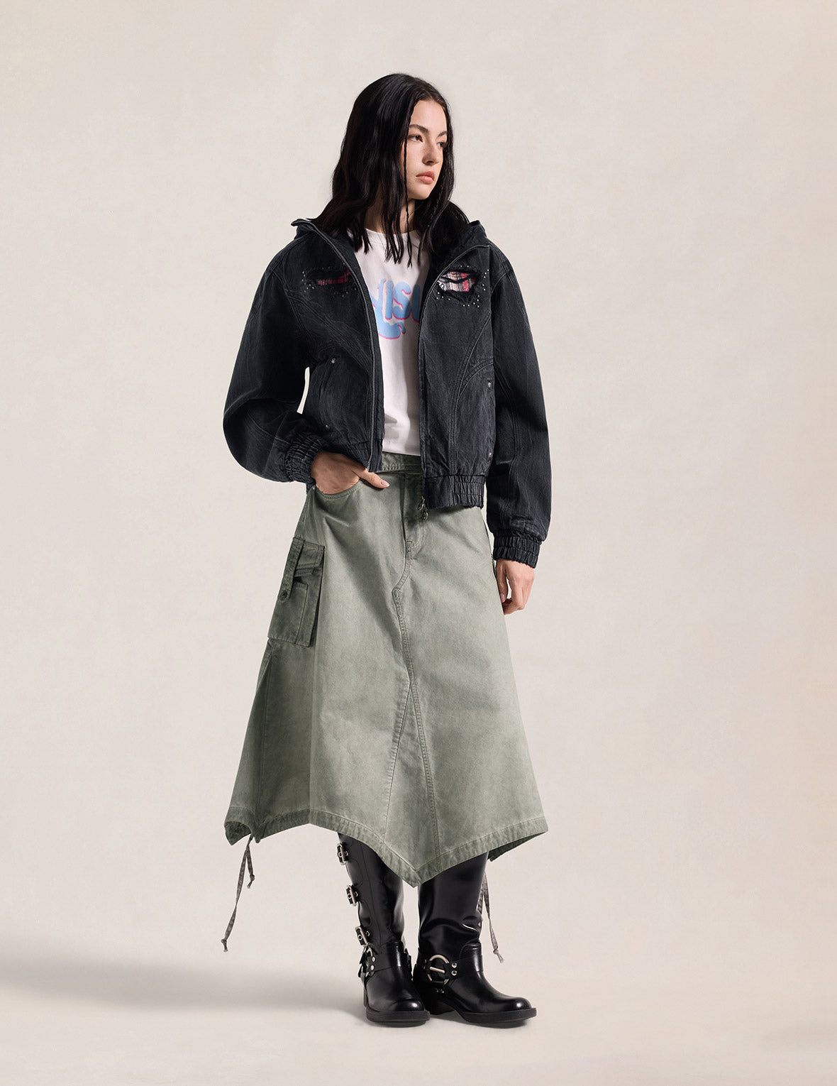 Distressed Plaid Patch Hooded Padding Denim Jacket