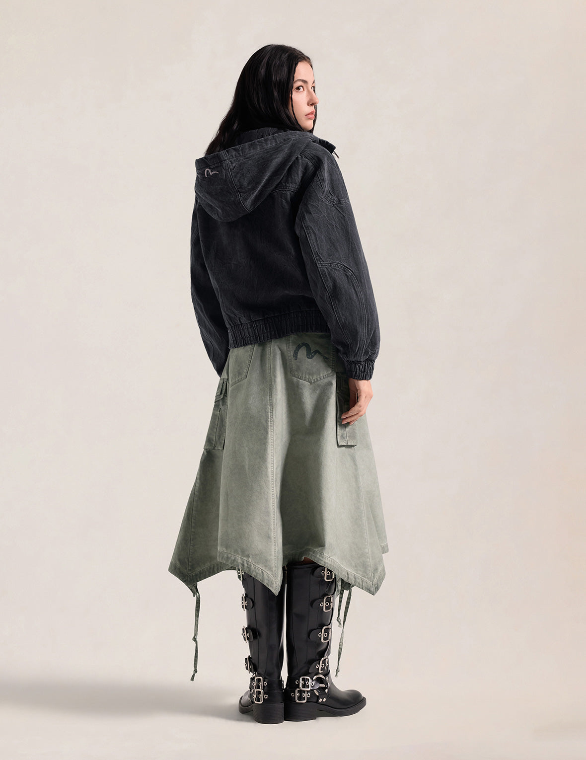 Distressed Plaid Patch Hooded Padding Denim Jacket