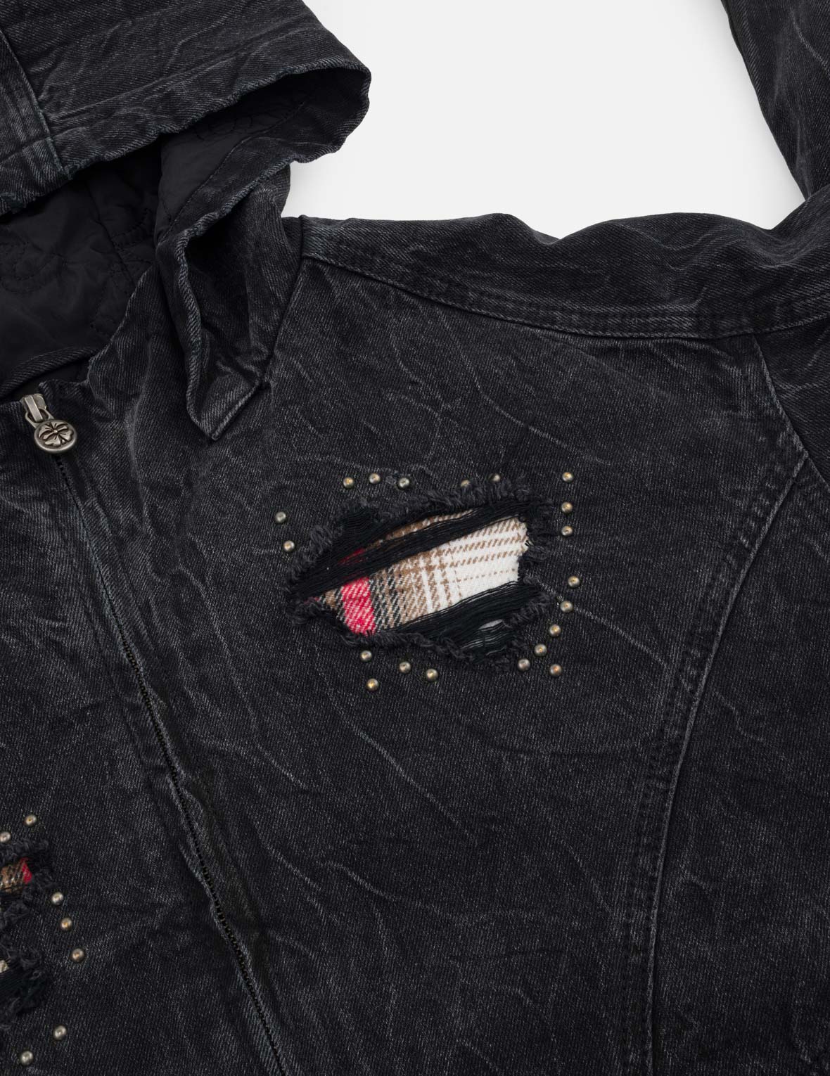 Distressed Plaid Patch Hooded Padding Denim Jacket