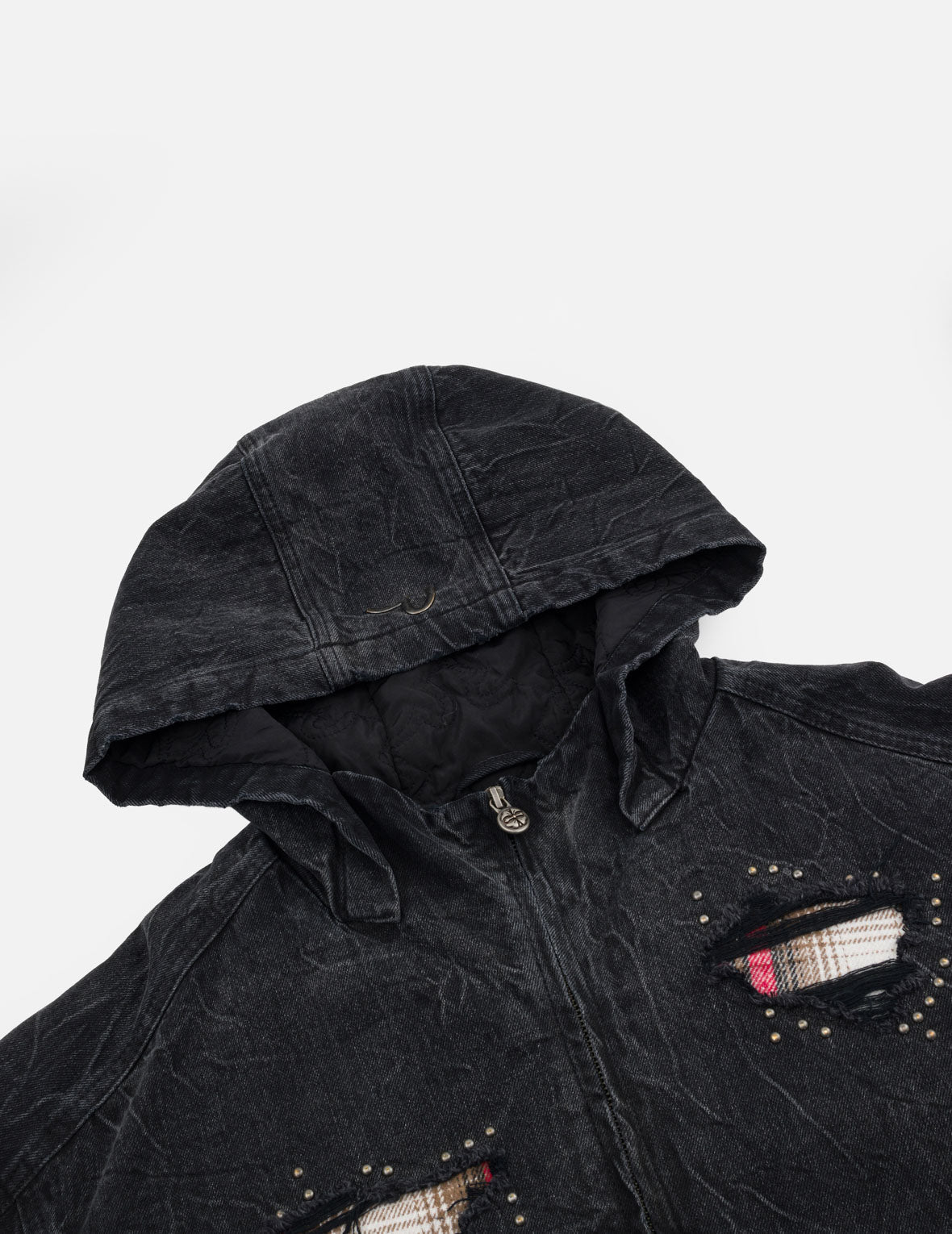 Distressed Plaid Patch Hooded Padding Denim Jacket