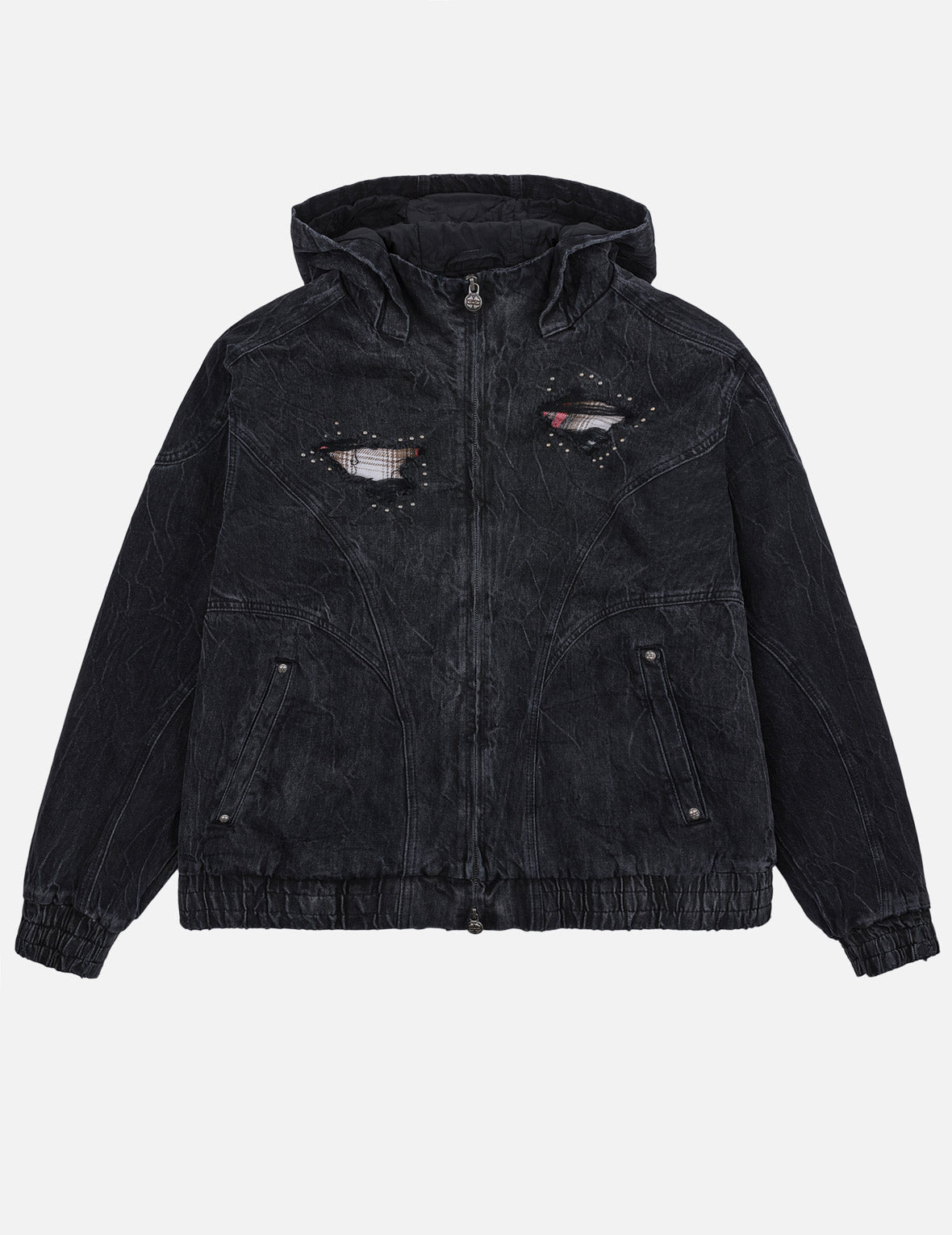 Distressed Plaid Patch Hooded Padding Denim Jacket