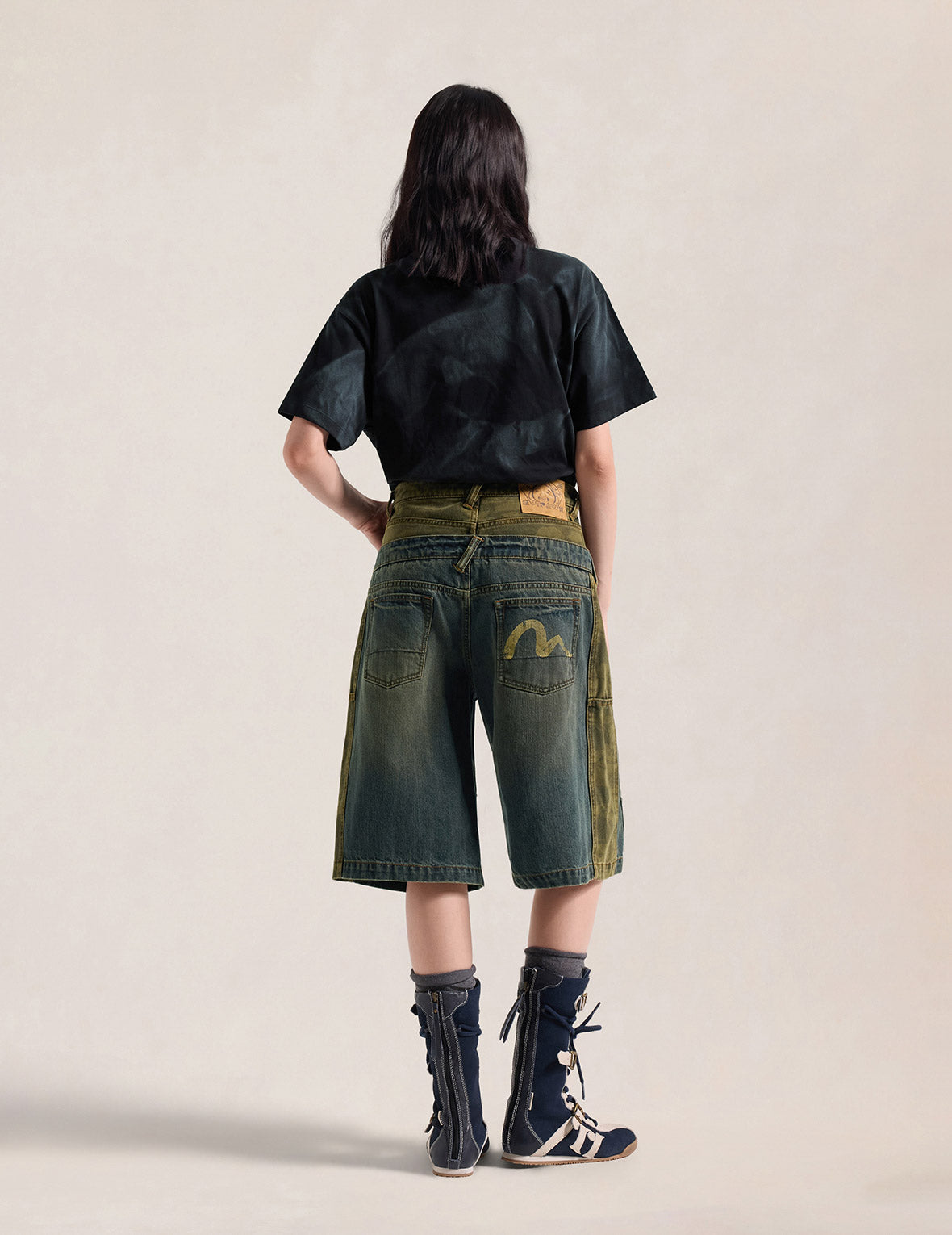 Layered Waistband Ishigaki Camouflage Denim Shorts