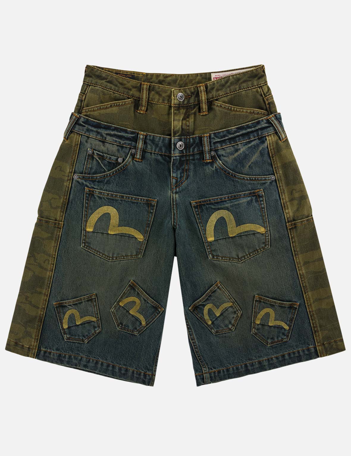 Layered Waistband Ishigaki Camouflage Denim Shorts