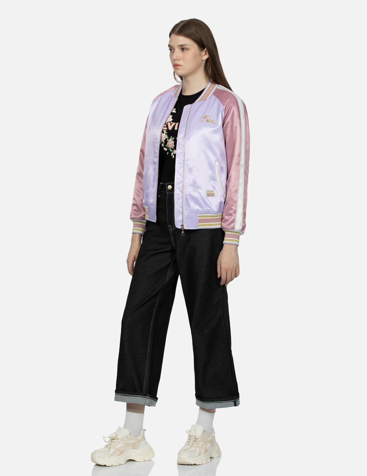 金魚百花刺繡拼色寬版橫須賀外套