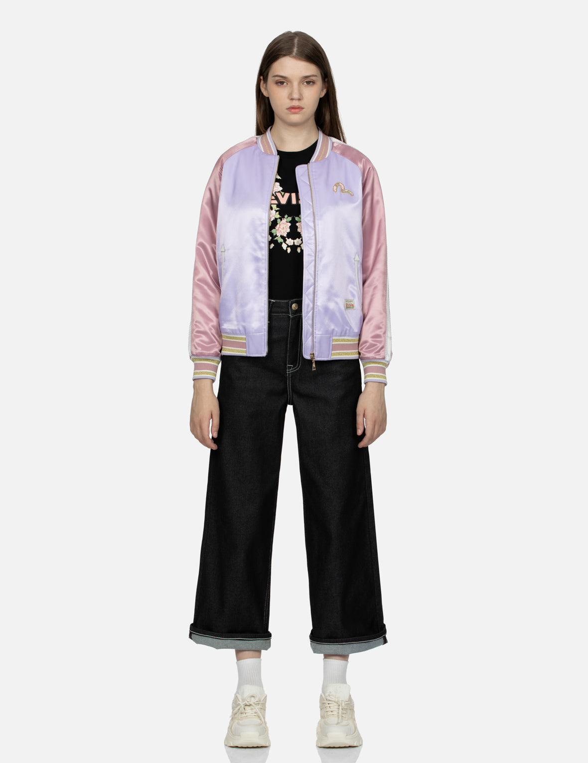 金魚百花刺繡拼色寬版橫須賀外套