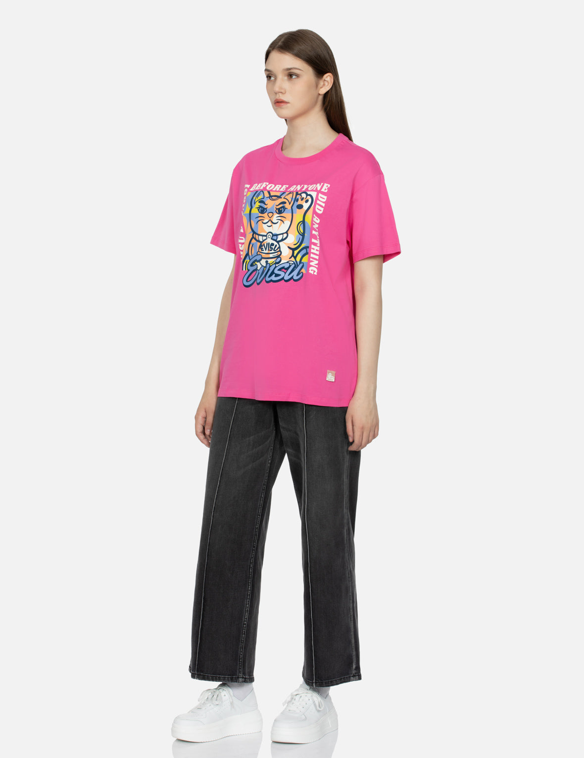Fortune Cat Flocking with Slogan Print Boyfriend T-shirt
