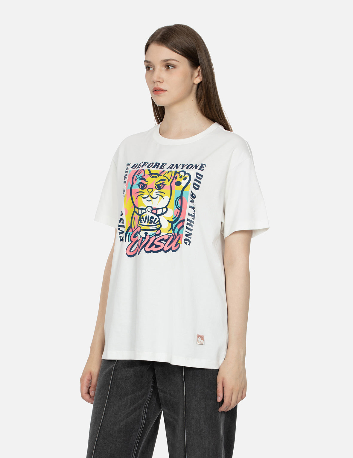 Fortune Cat Flocking with Slogan Print Boyfriend T-shirt