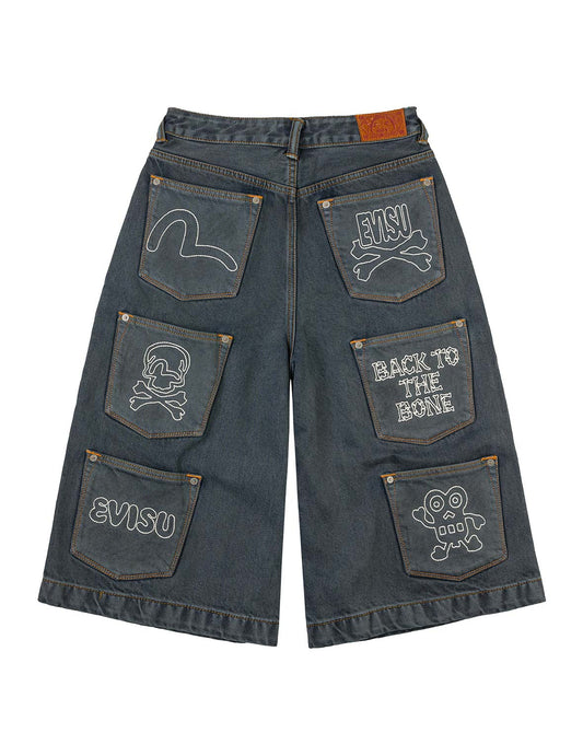 Multi-Pocket with Multi Logos Embroidery Cropped Jeans