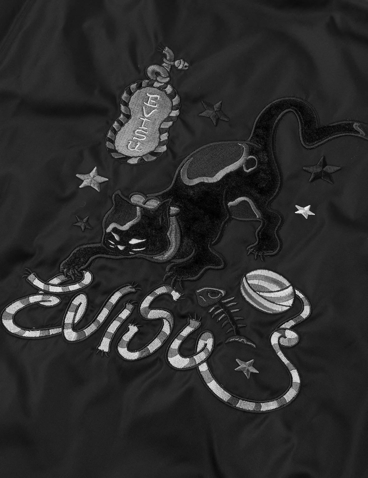 Fuzzy Cat Appliqué and Logo Embroidery Drop-Shoulder Bomber Jacket