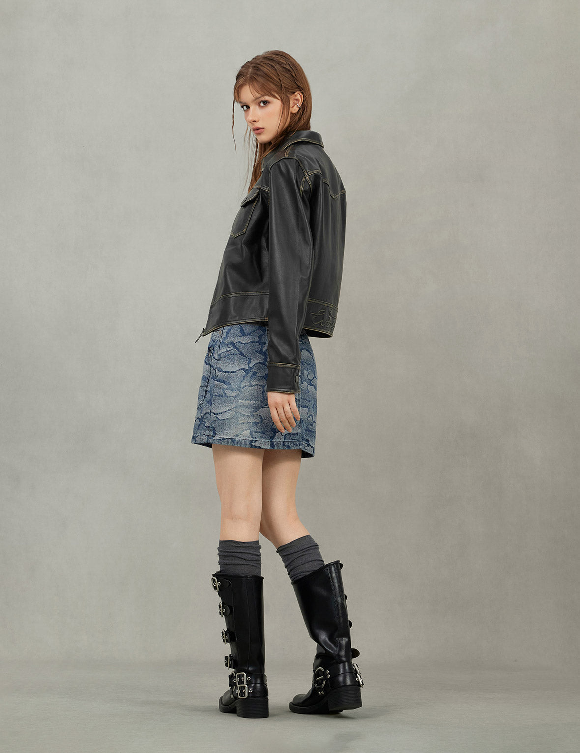 Logo Embossed Cropped Leather Jacket