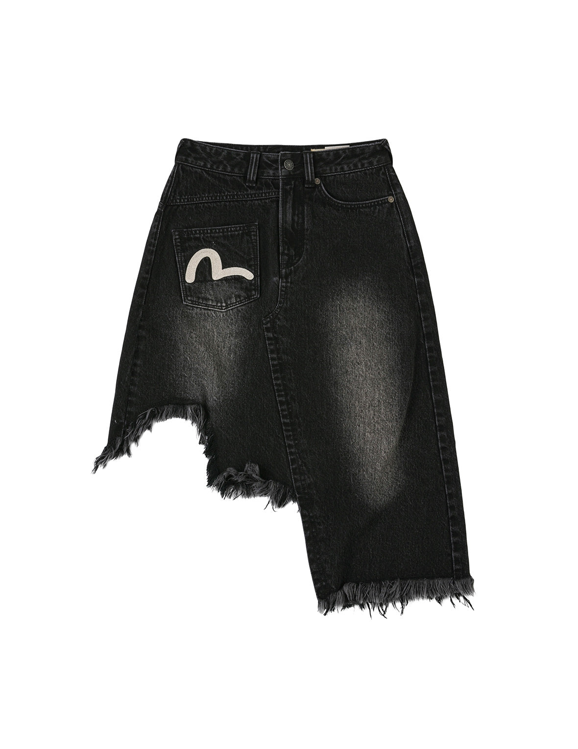 Seagull and Slogan Embroidery Regular Fit Distressed Washed Denim Skirt