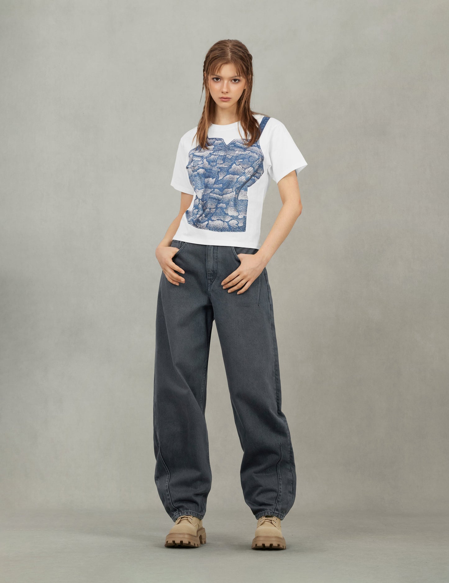 2-in-1 Ishigaki Camouflage Denim Corset Print Fashion Fit T-Shirt